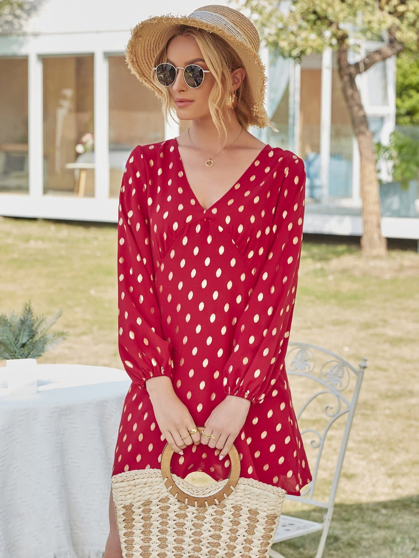Metallic Polka Dot V-Neck High Waist Dress