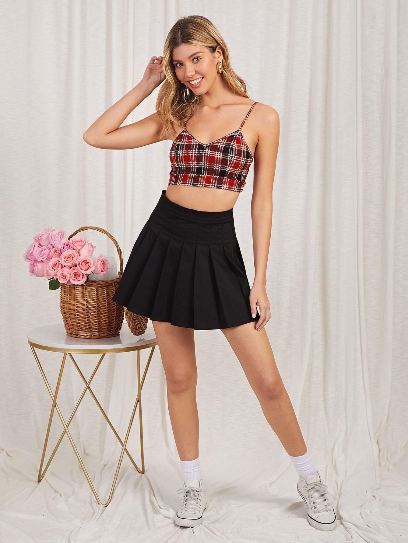Spaghetti Strap Plaid Crop Slim Fit Cami Top