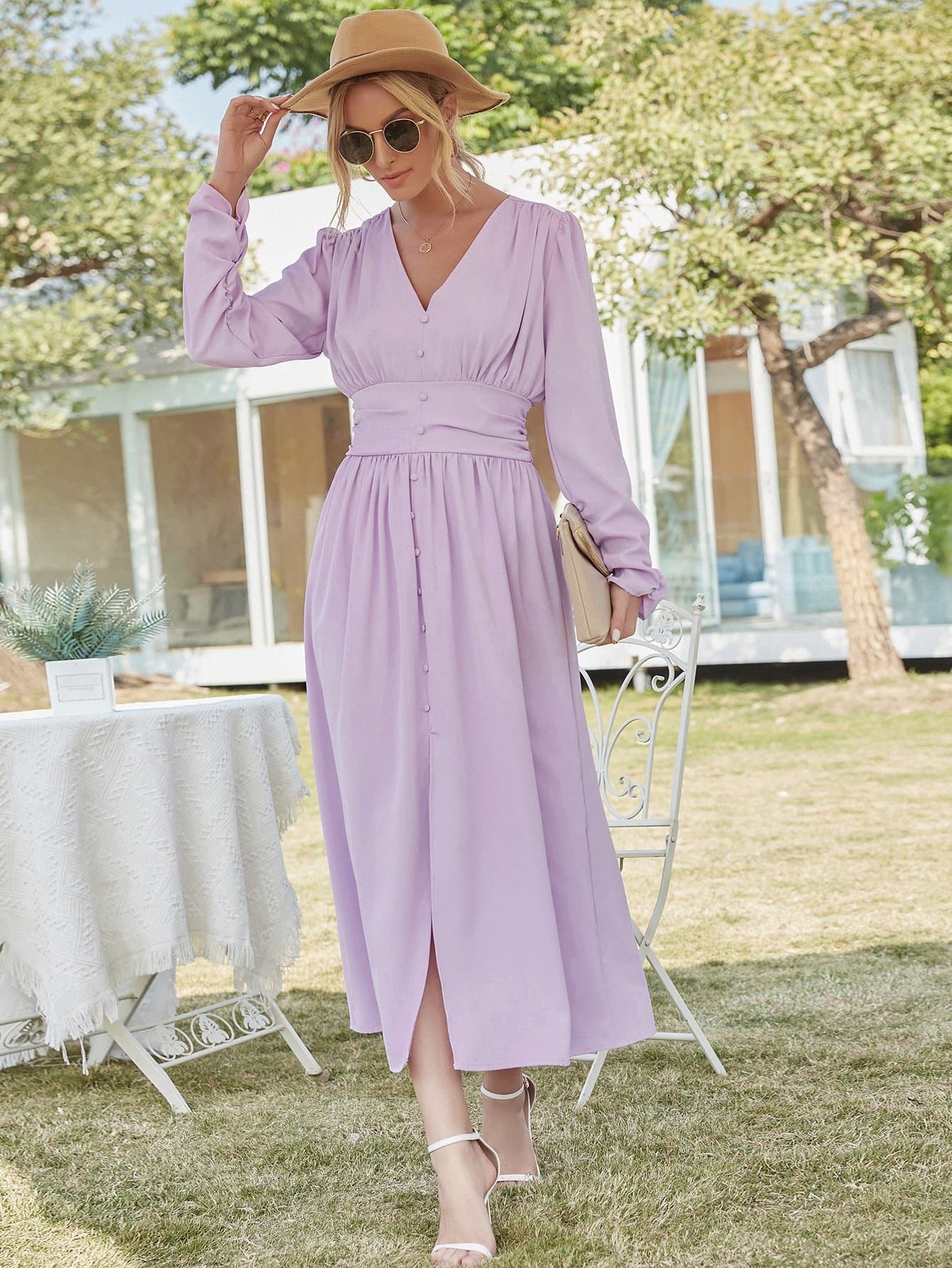 Button Front Puff Sleeve V-neck Split Thigh A-line Dress