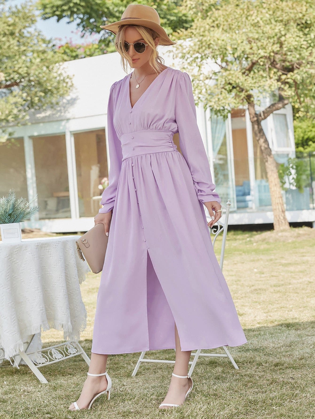 Button Front Puff Sleeve V-neck Split Thigh A-line Dress