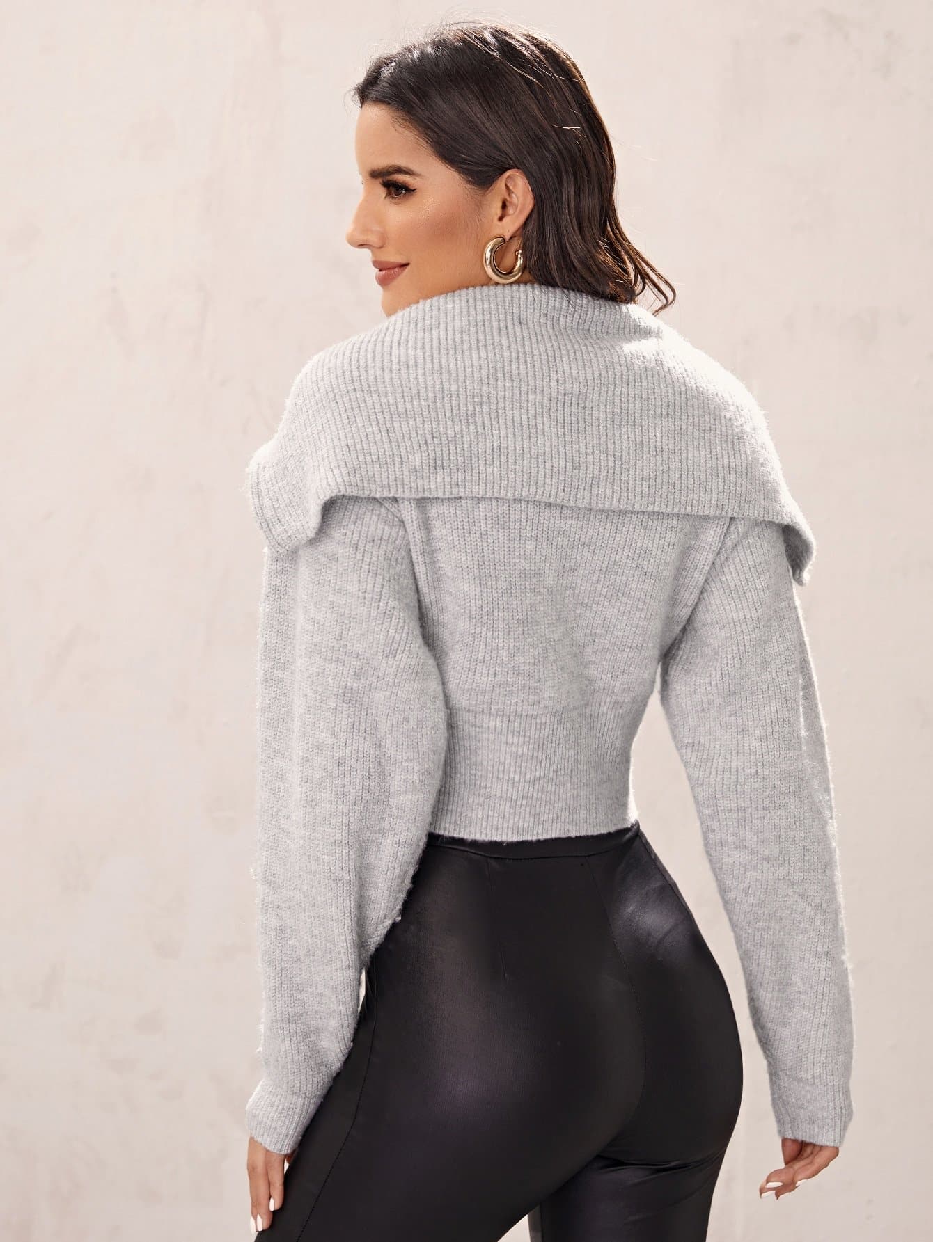 Light Grey Zipper Half Placket Ribbed Knit Sweater Top