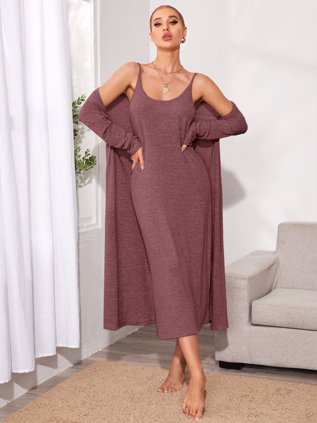 Solid Cami Dress With Robe Lounge Sleepwear Set