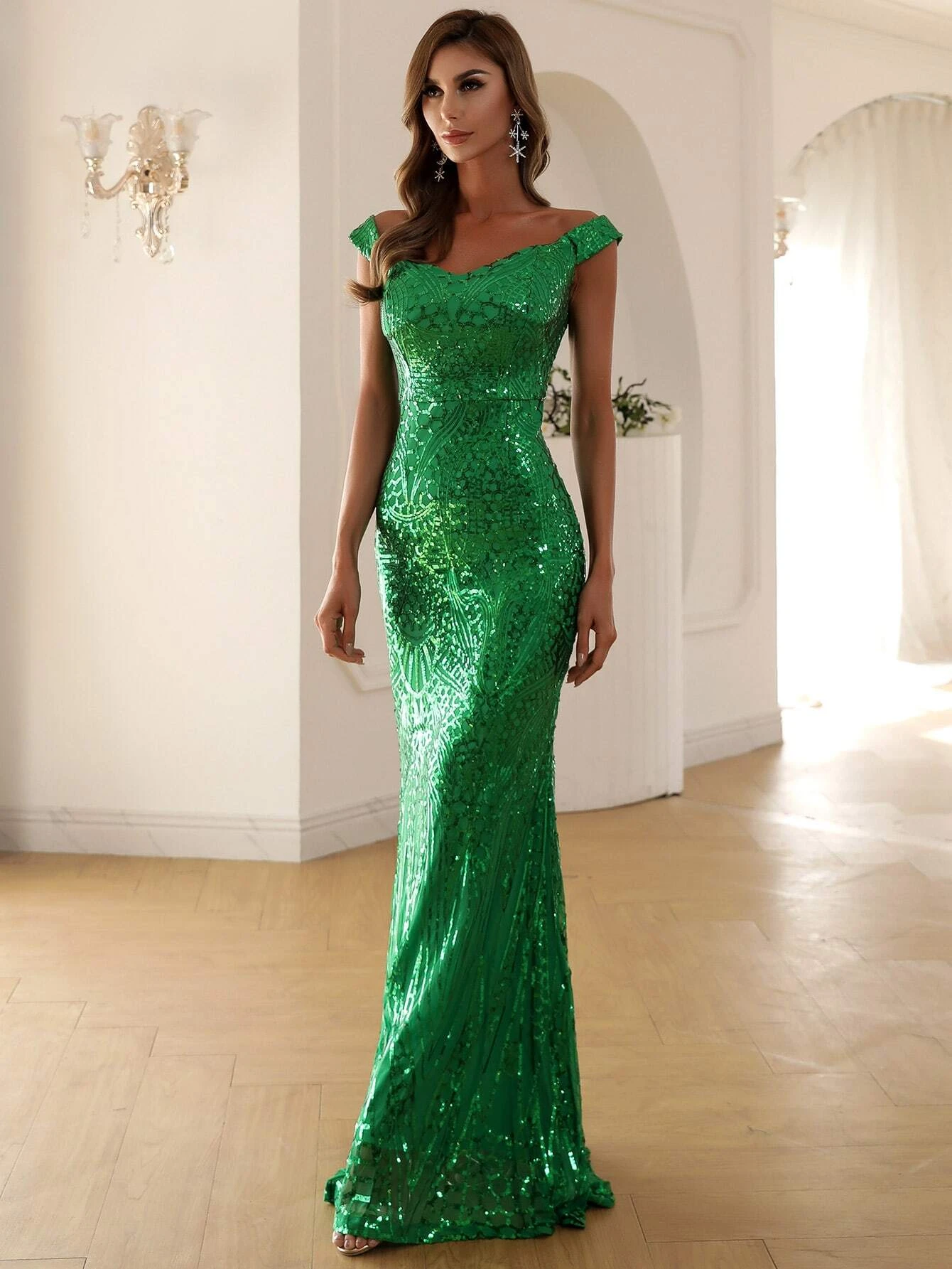 Zip Back Mermaid Hem Bardot Sequin Slim Fit Prom Dress