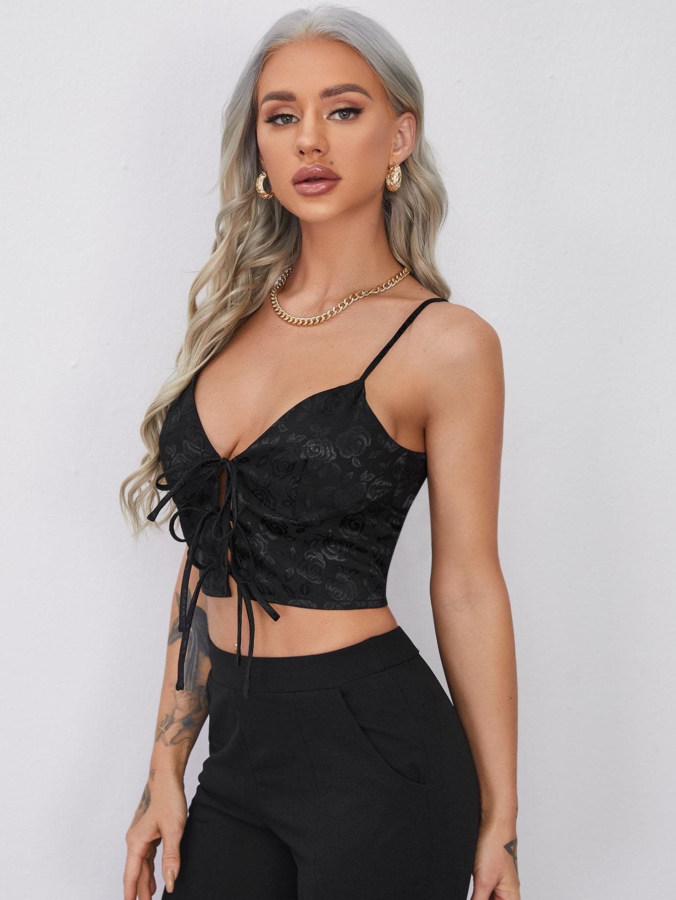 Black Spaghetti Strap Lace-up Front Floral Jacquard Slim Fit Cami Top