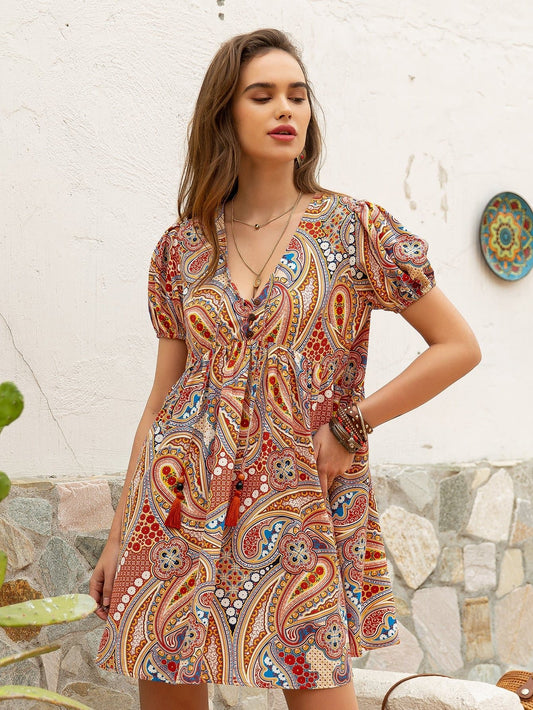 V-Neck Allover Paisley Print High Waist Smock Dress