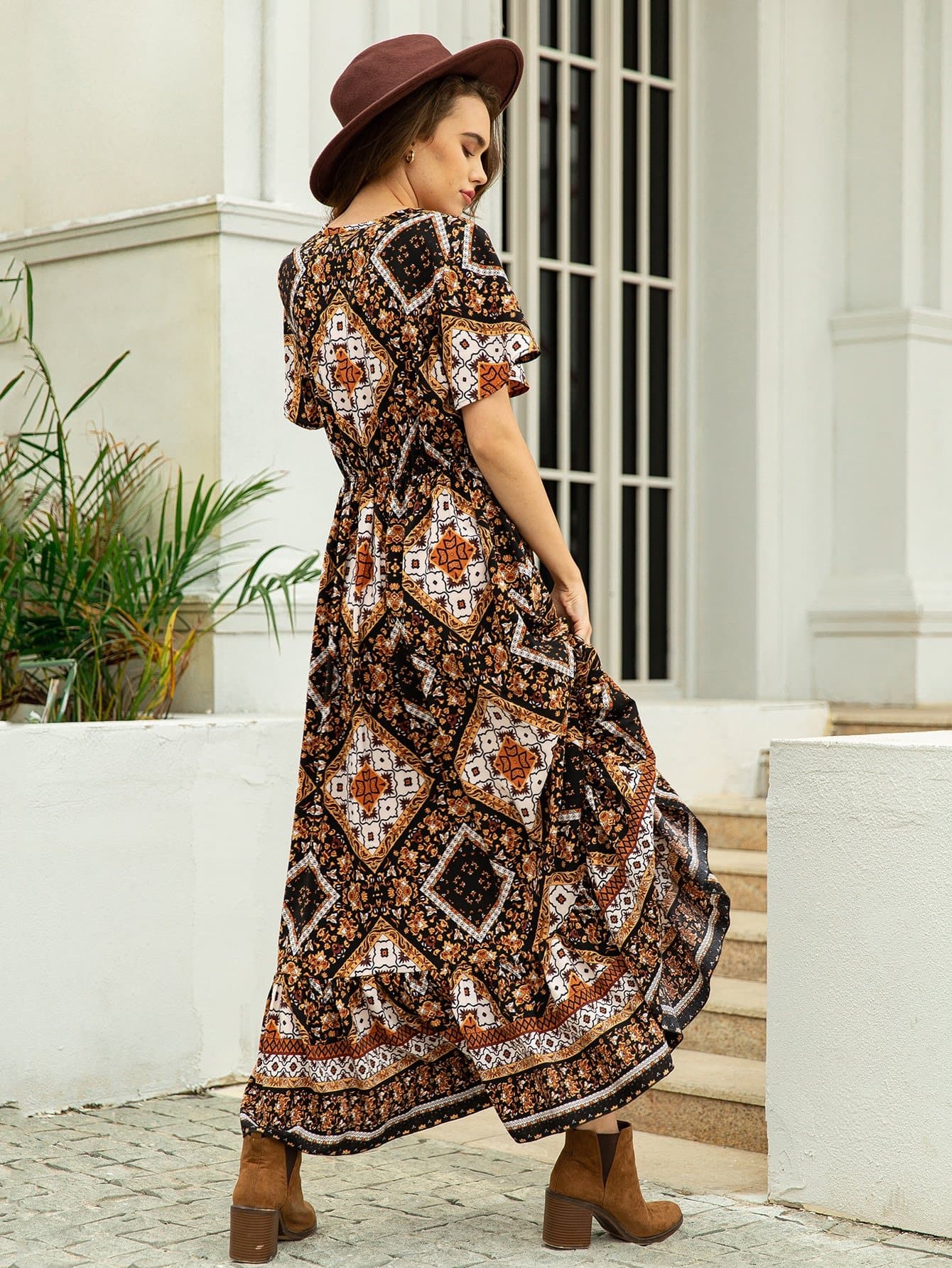 V-Neck Scarf Print Ruffle Hem High Waist Dress