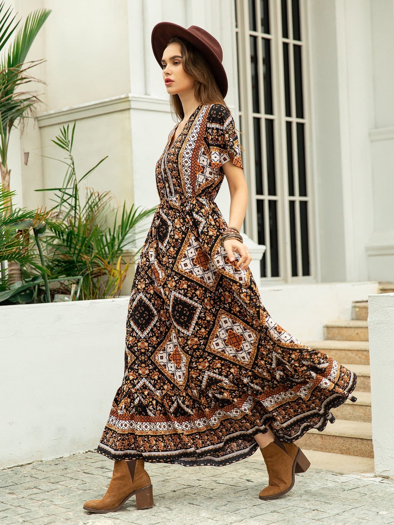 V-Neck Scarf Print Ruffle Hem High Waist Dress