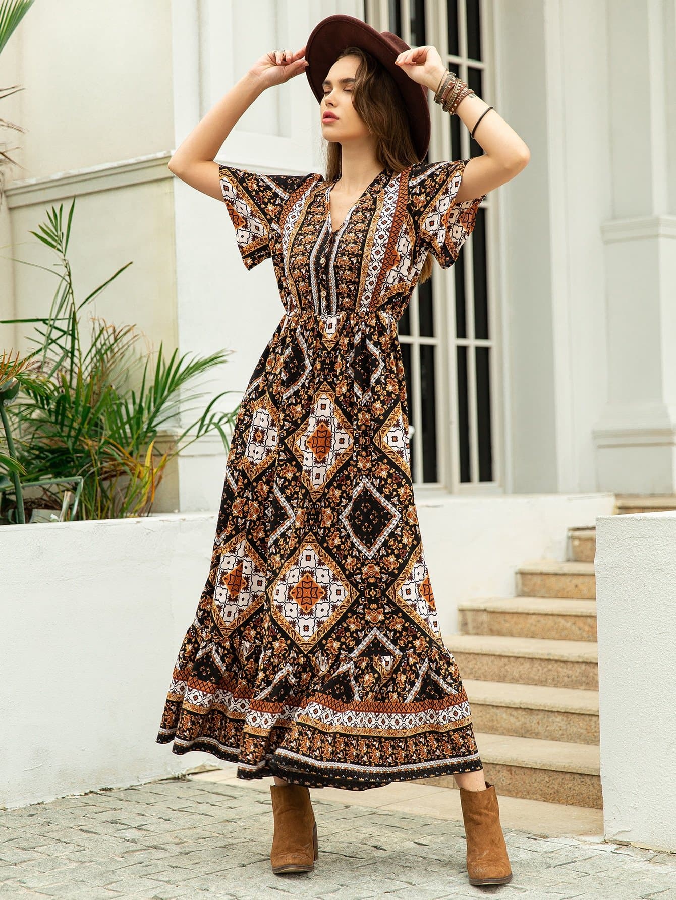 V-Neck Scarf Print Ruffle Hem High Waist Dress