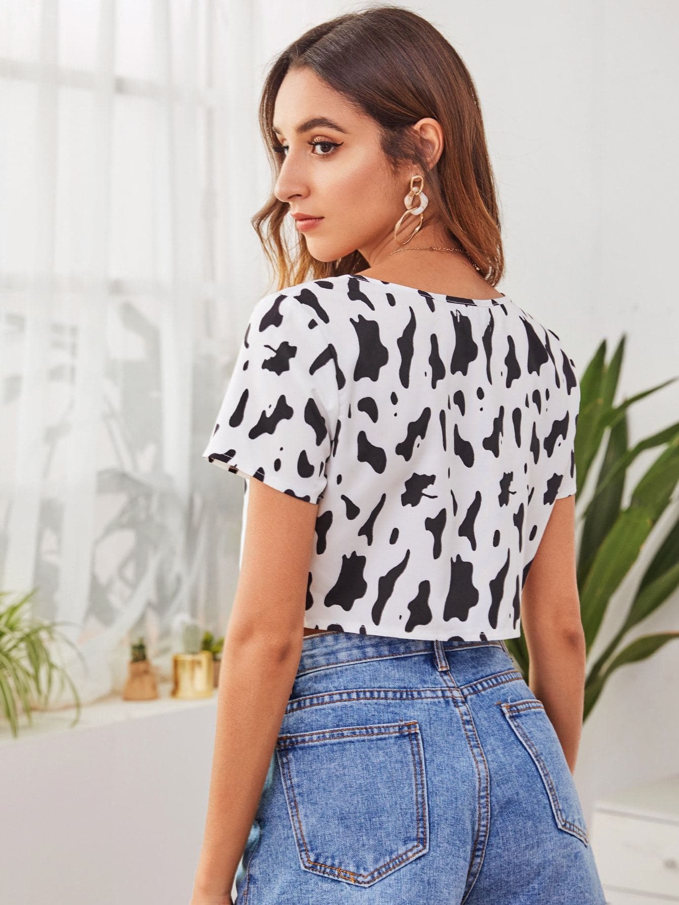 Round Neck Tie Front Cow Print Crop Top