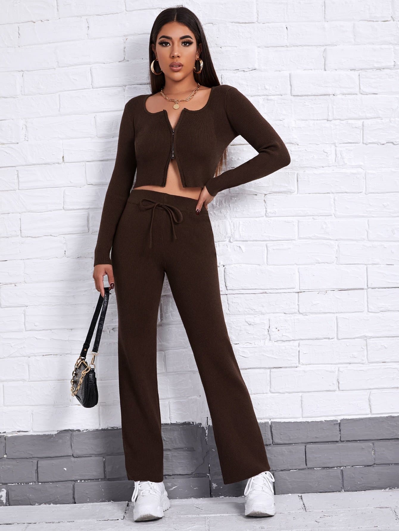 Square Neck Zip Up Rib-knit Cardigan and Pants Set
