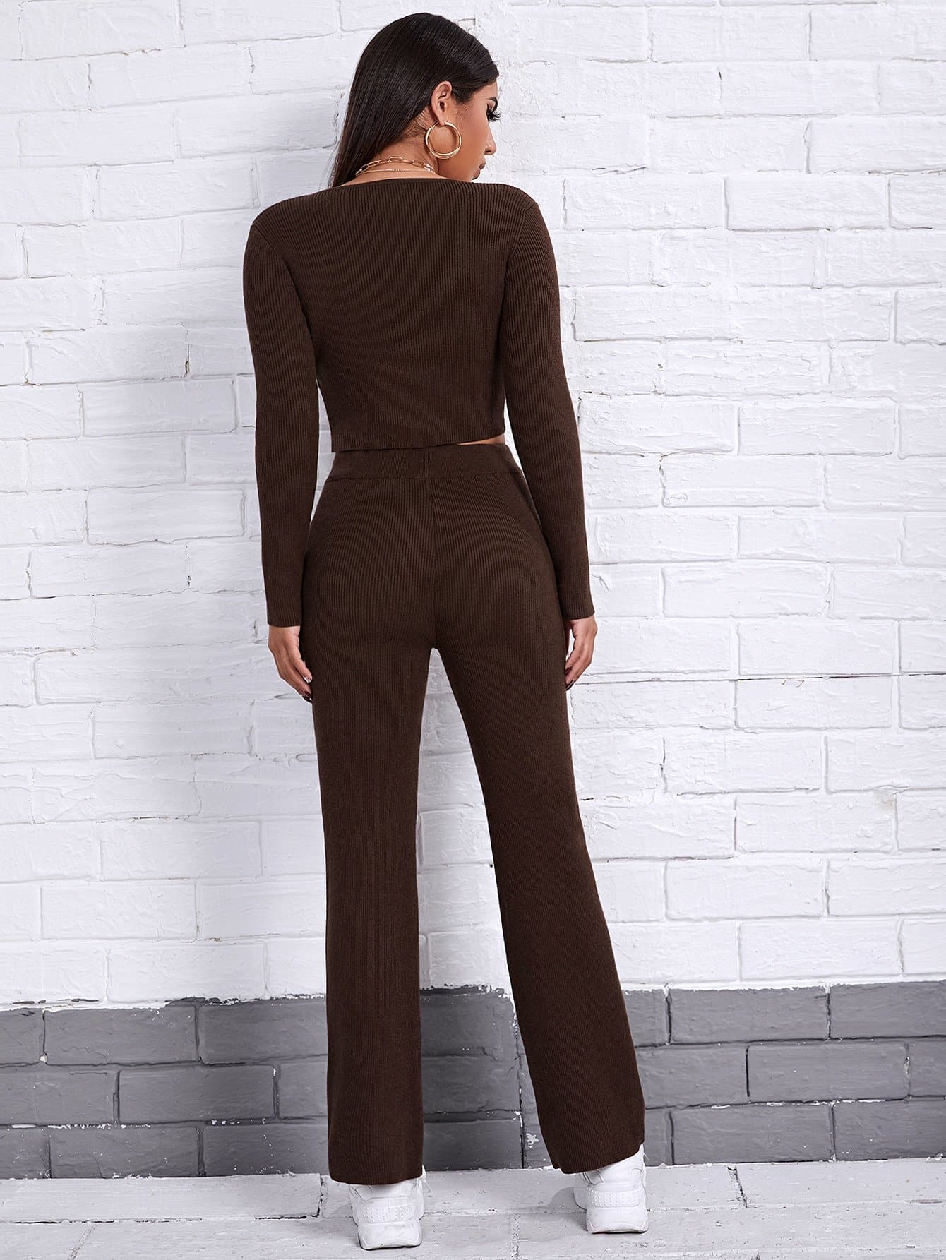 Square Neck Zip Up Rib-knit Cardigan and Pants Set