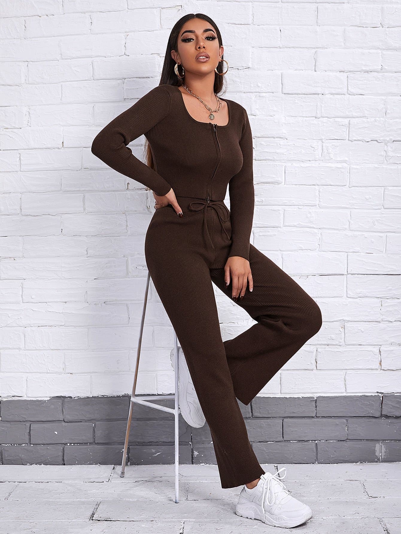 Square Neck Zip Up Rib-knit Cardigan and Pants Set