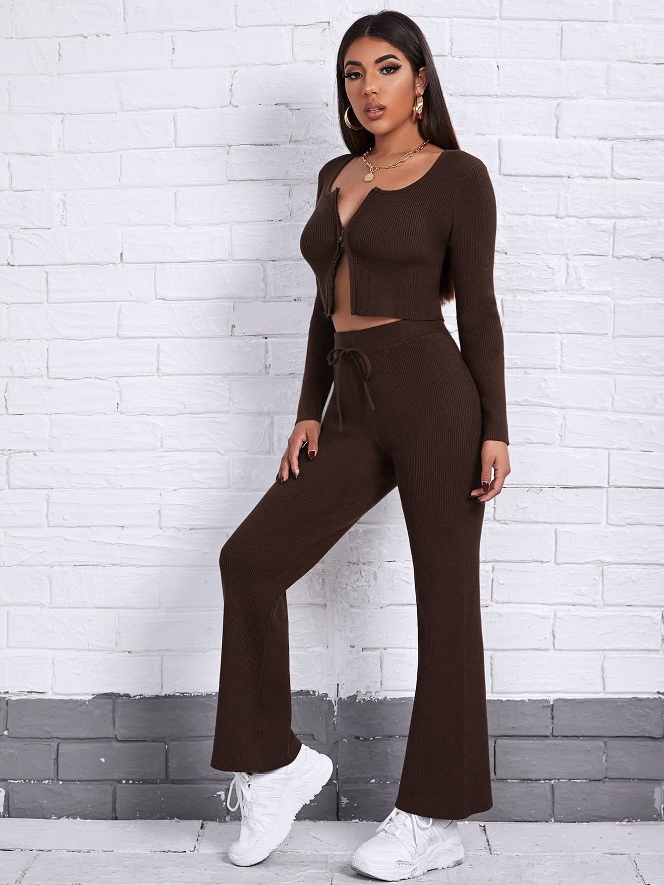 Square Neck Zip Up Rib-knit Cardigan and Pants Set