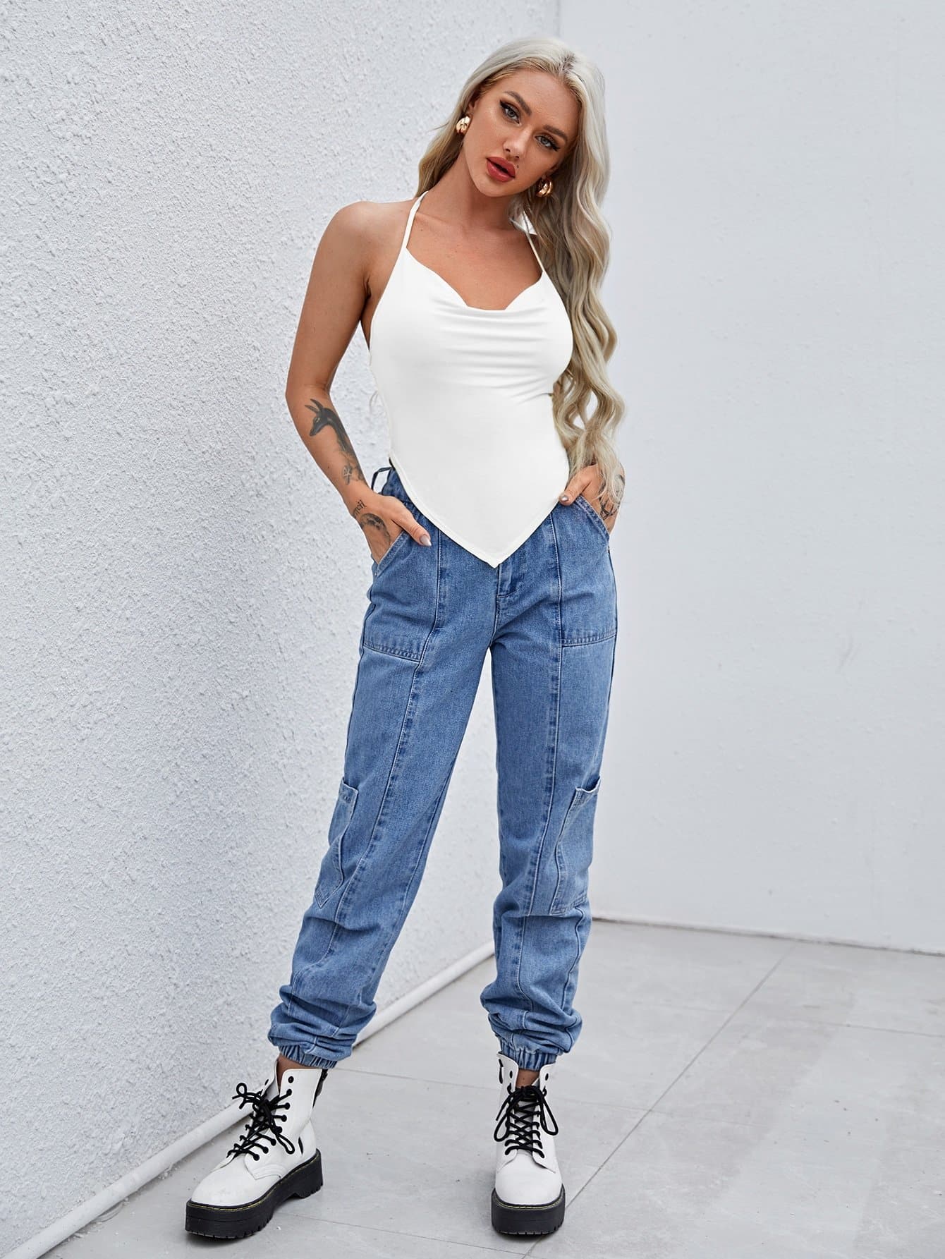 Cowl Neck Open Back Bandana Slim Fit Halter Top