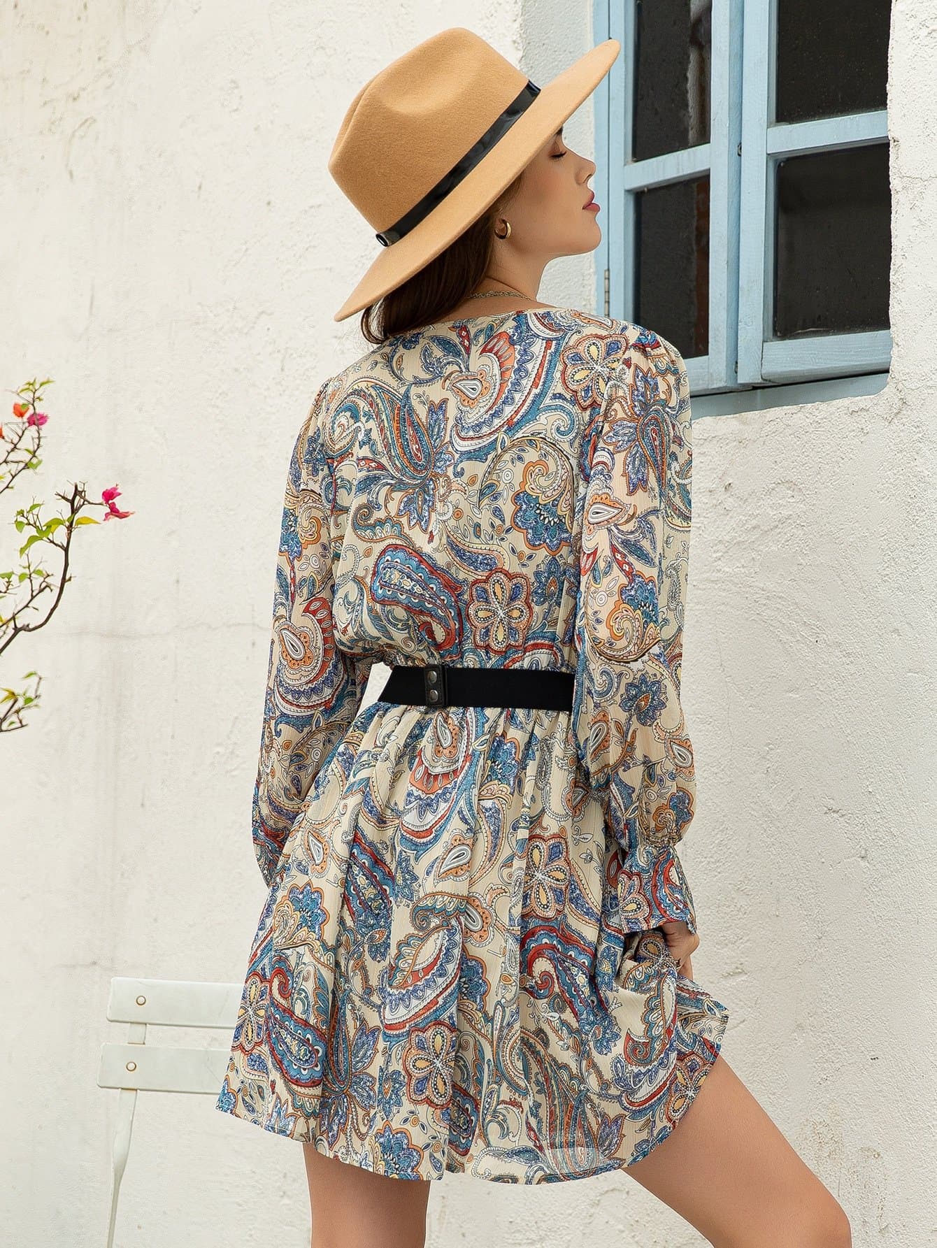 Tie Neck Flounce Sleeve Paisley Print High Waist Dress