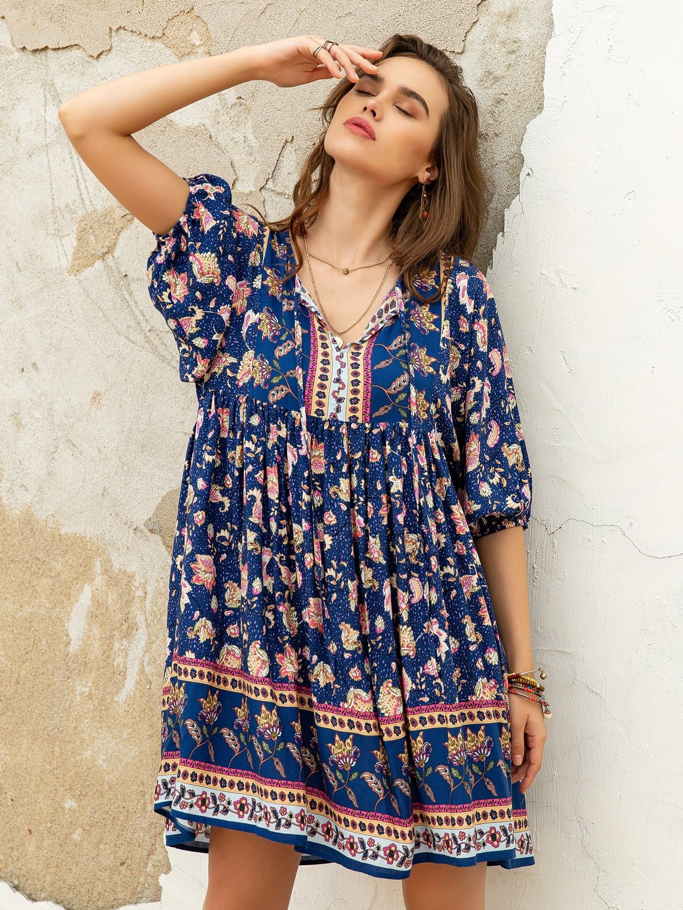 Tie Neck Floral Print High Waist Flounce Smock Dress
