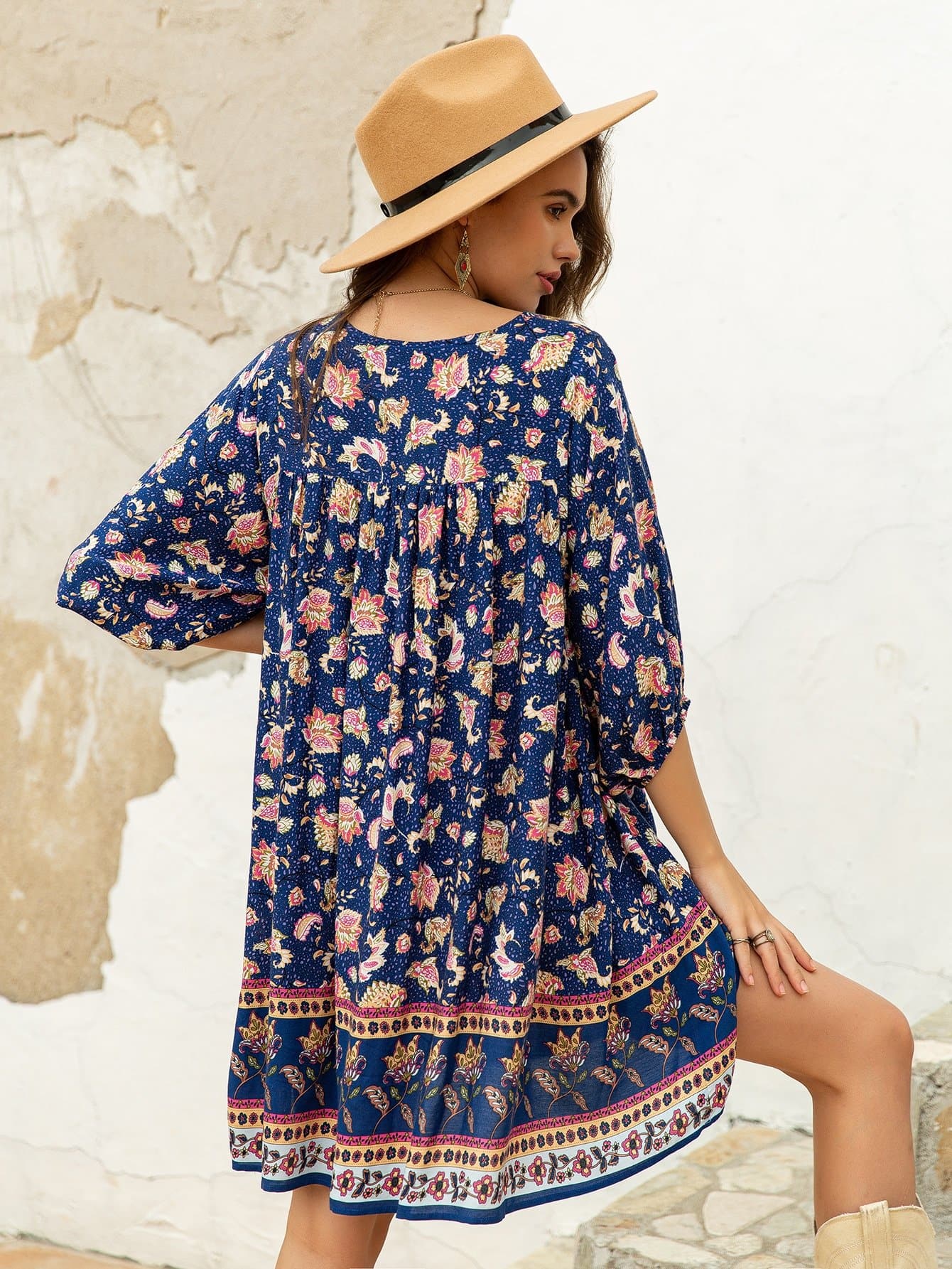 Tie Neck Floral Print High Waist Flounce Smock Dress