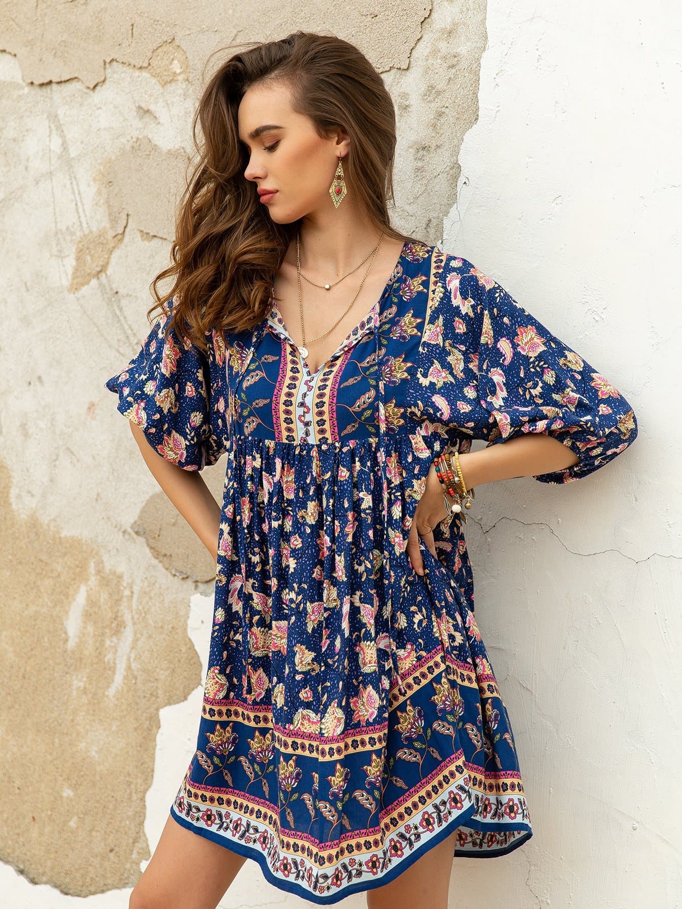 Tie Neck Floral Print High Waist Flounce Smock Dress