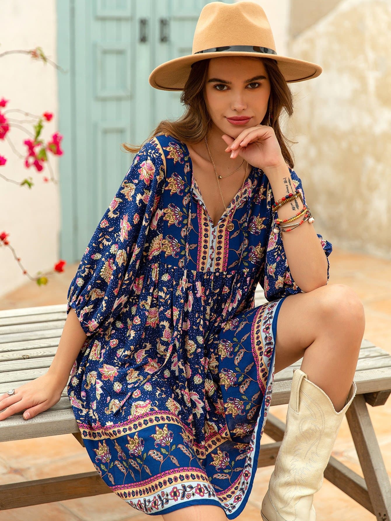 Tie Neck Floral Print High Waist Flounce Smock Dress