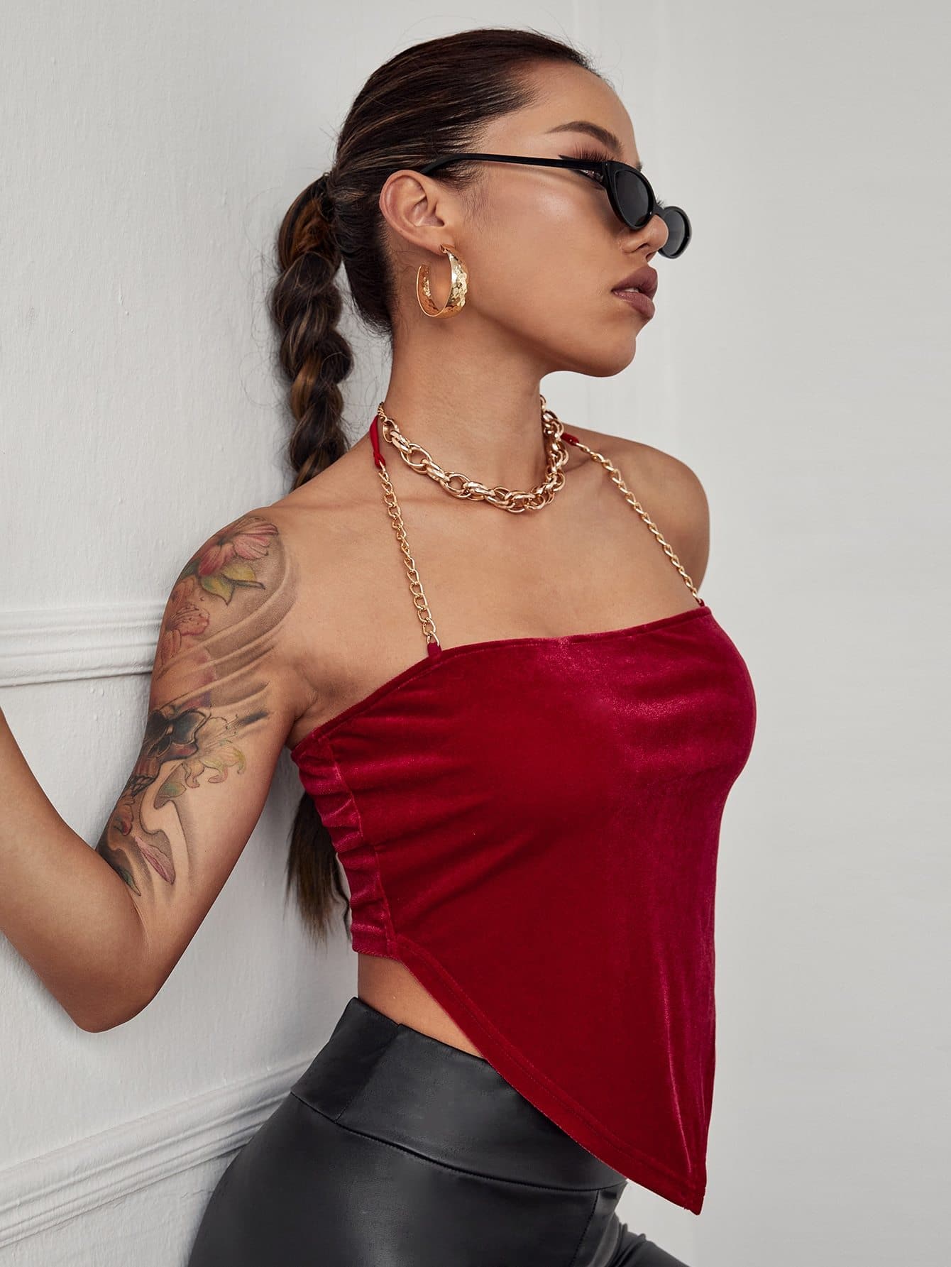 Backless Sleeveless Chain Strap Asymmetrical Hem Velvet Halter Top