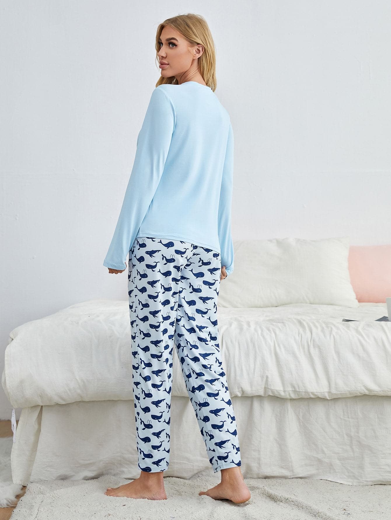 Blue Round Neck Letter Graphic Pyjama Sleepwear Set