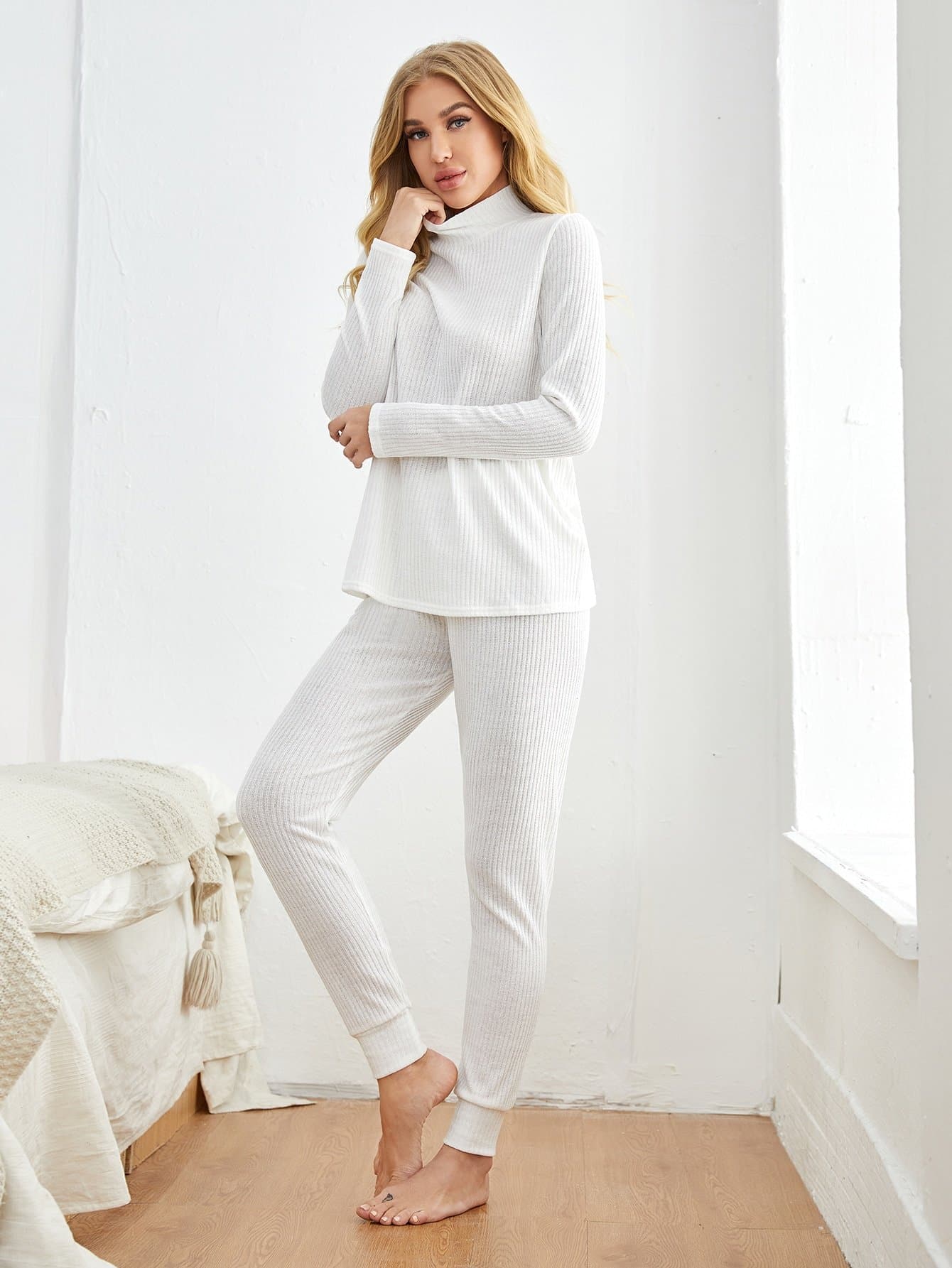 Stand Collar Solid Mock Neck Ribbed Lounge Sleepwear Set