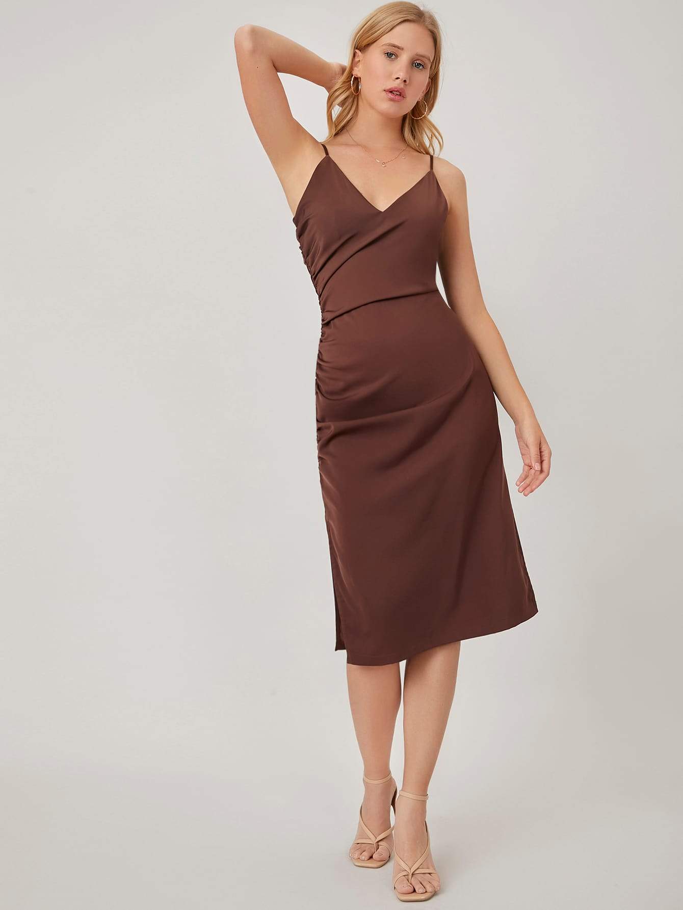 Rust Brown Spaghetti Strap Sleeveless Gathered Slip Dress