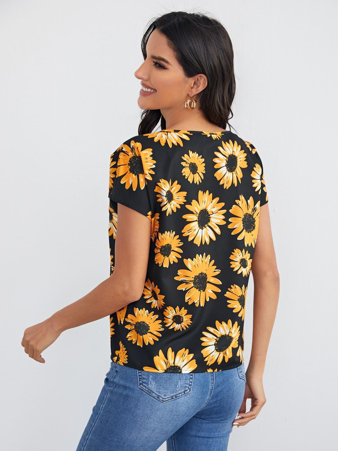 Batwing Sleeve Keyhole Neck Sunflower Print Top