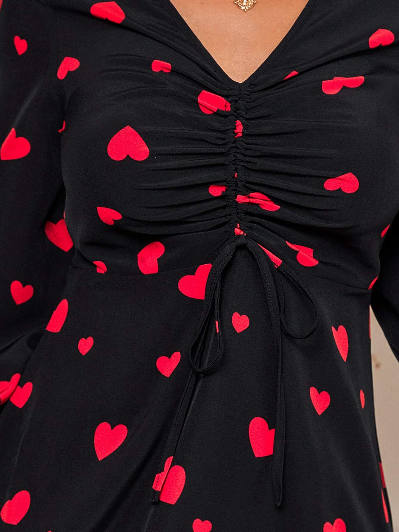 V-Neck Drawstring Front Allover Heart Print Flounce Sleeve Dress