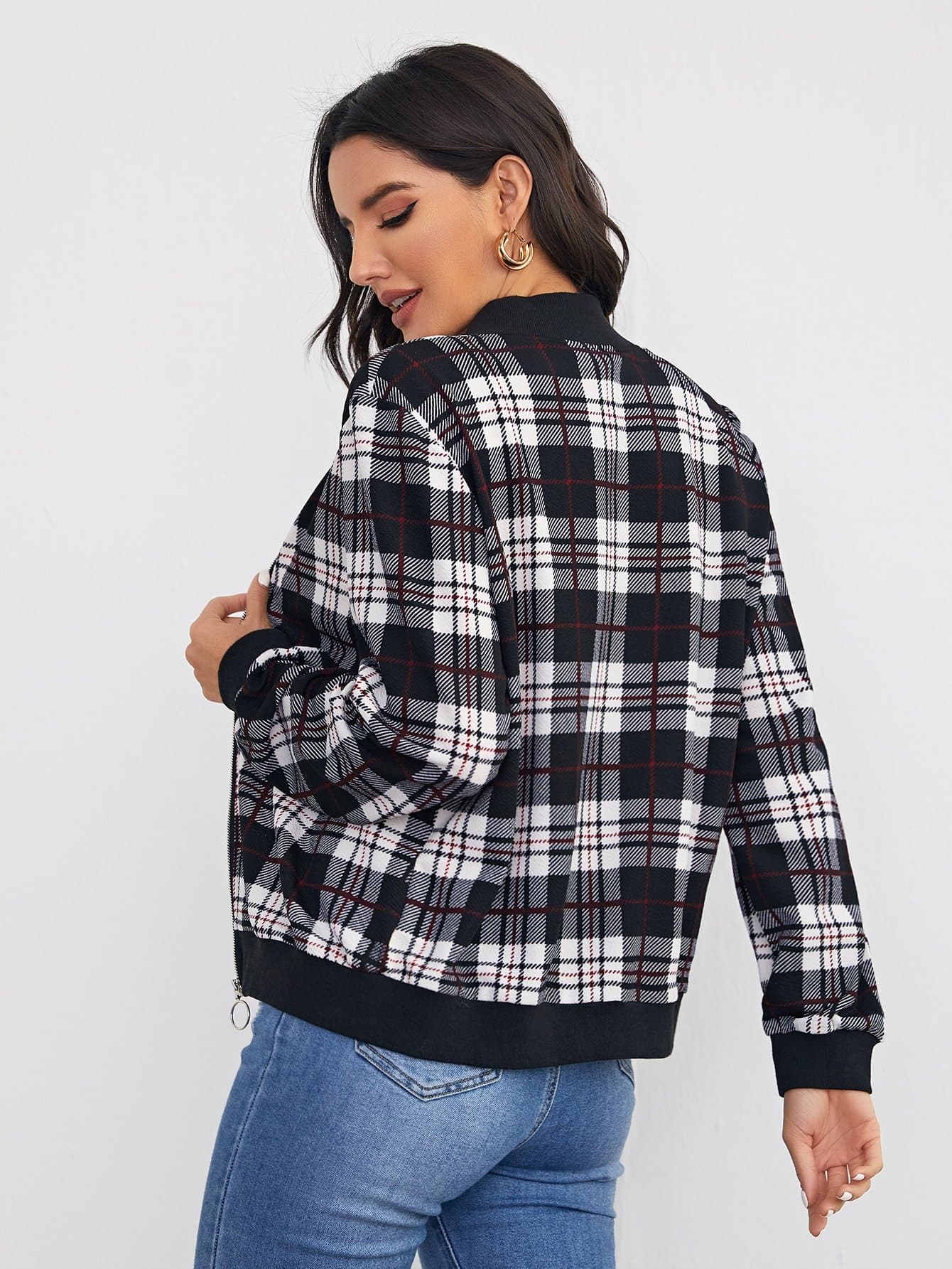 Baseball Collar Zipper Front Plaid Bomber Jacket