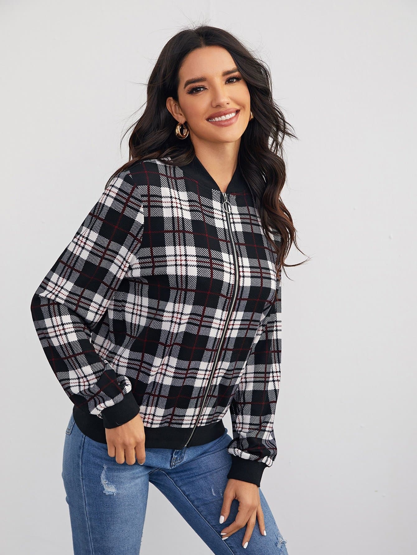 Baseball Collar Zipper Front Plaid Bomber Jacket
