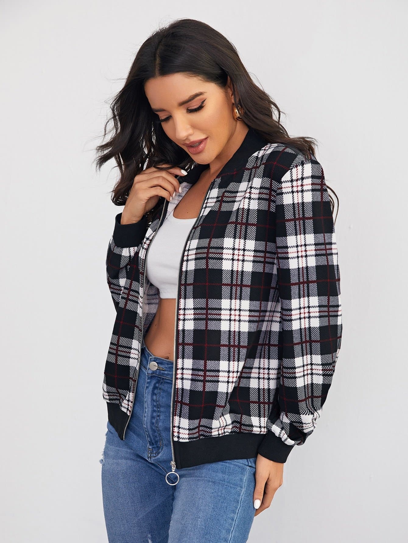 Baseball Collar Zipper Front Plaid Bomber Jacket