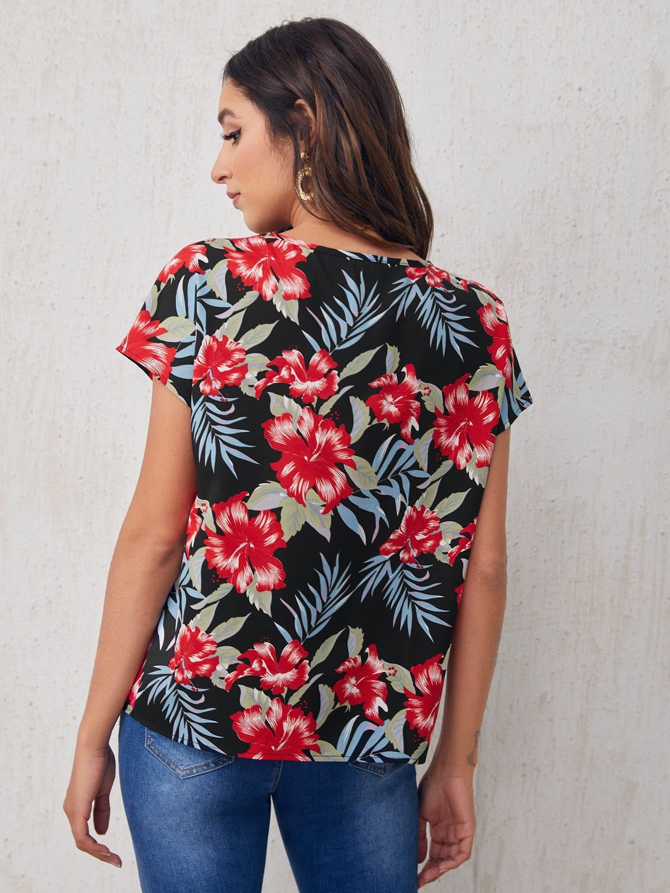 Cutout V-neck Tropical Print Top