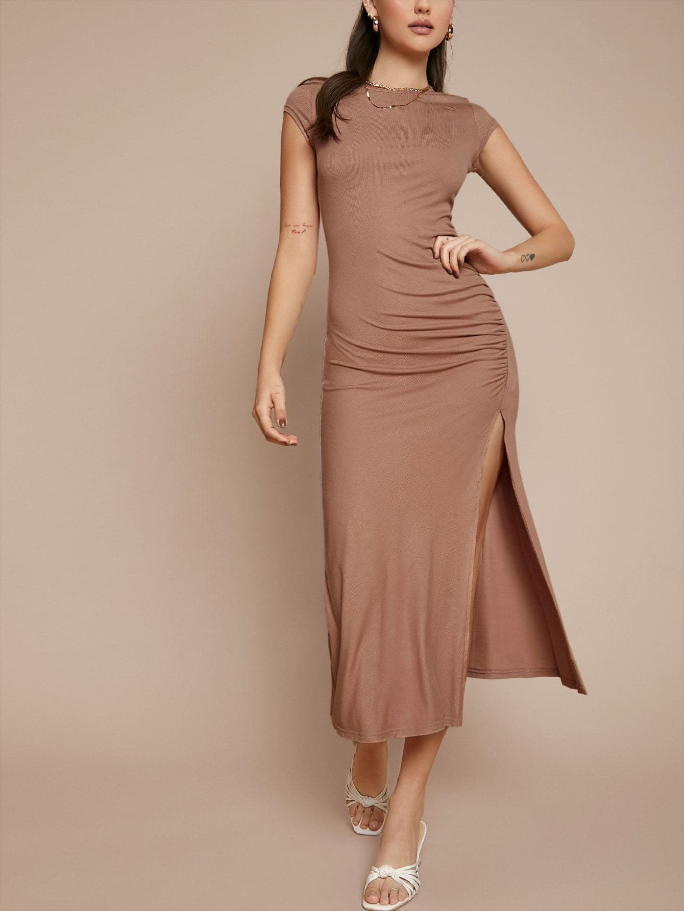 Round Neck Ruched Detail Split Thigh Slim Fit Solid Dress