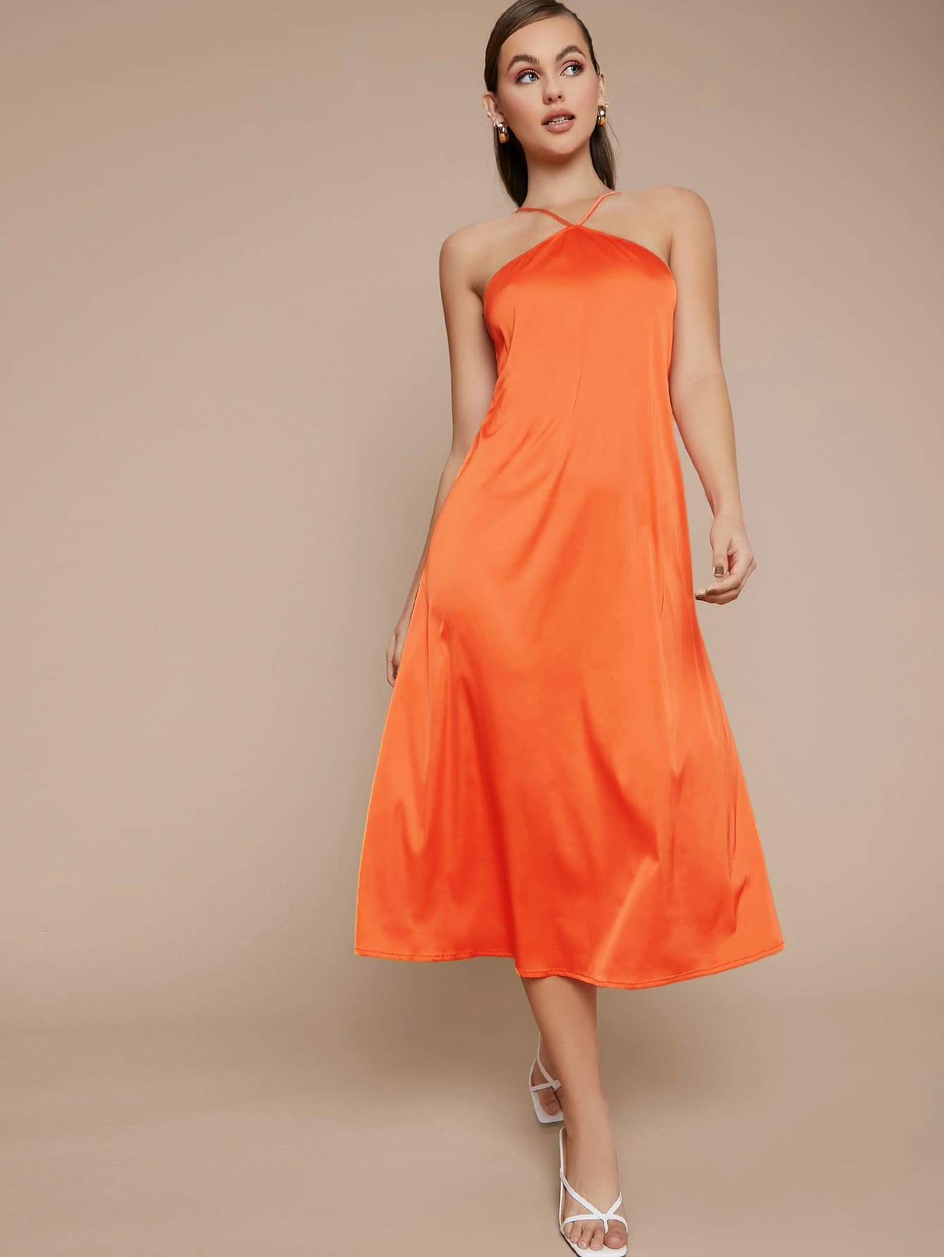 Neon Orange Sleeveless Zipper Back Solid Satin Halter Dress