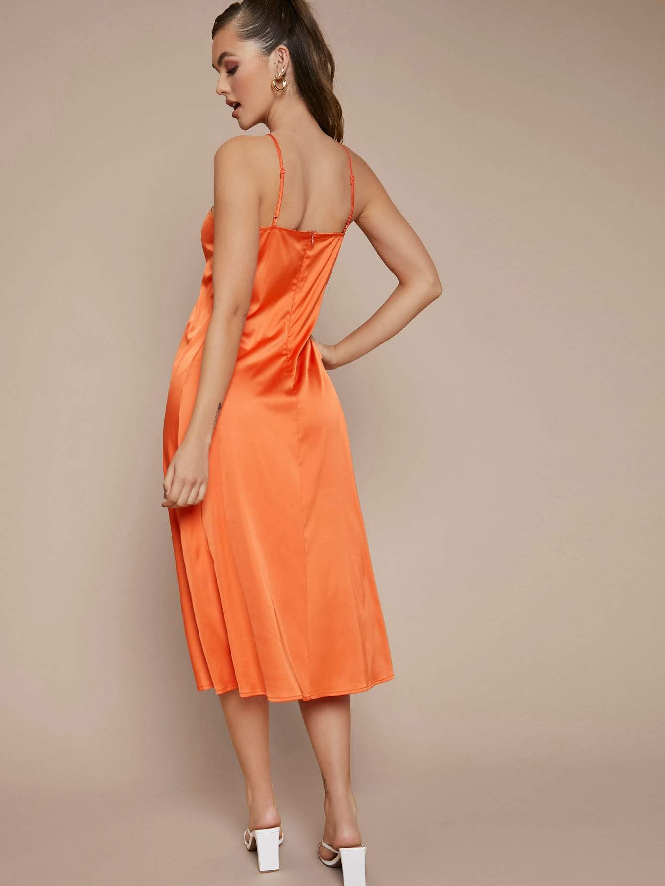 Neon Orange Sleeveless Zipper Back Solid Satin Halter Dress