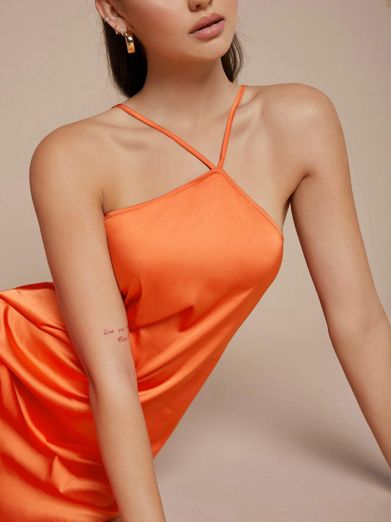 Neon Orange Sleeveless Zipper Back Solid Satin Halter Dress