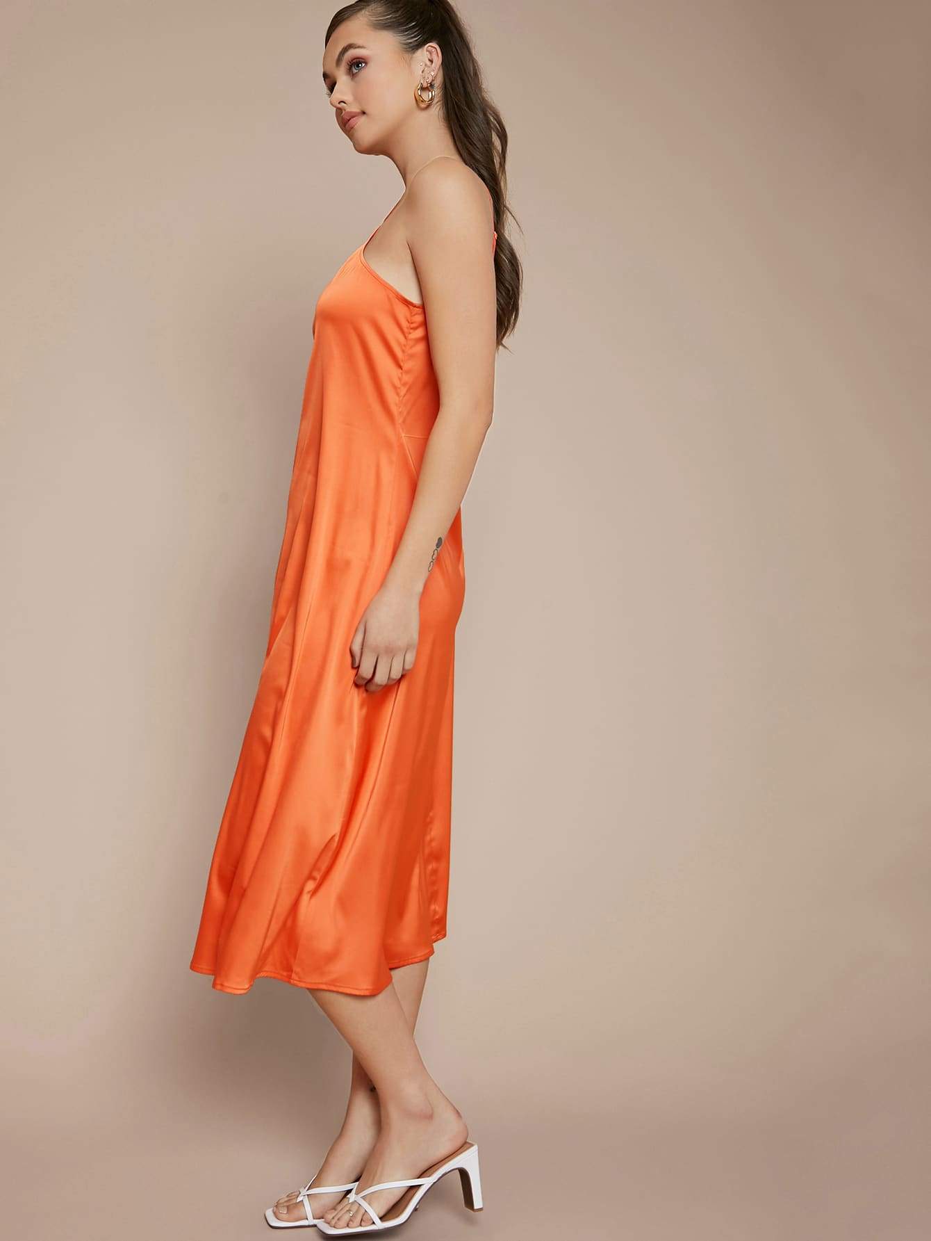 Neon Orange Sleeveless Zipper Back Solid Satin Halter Dress