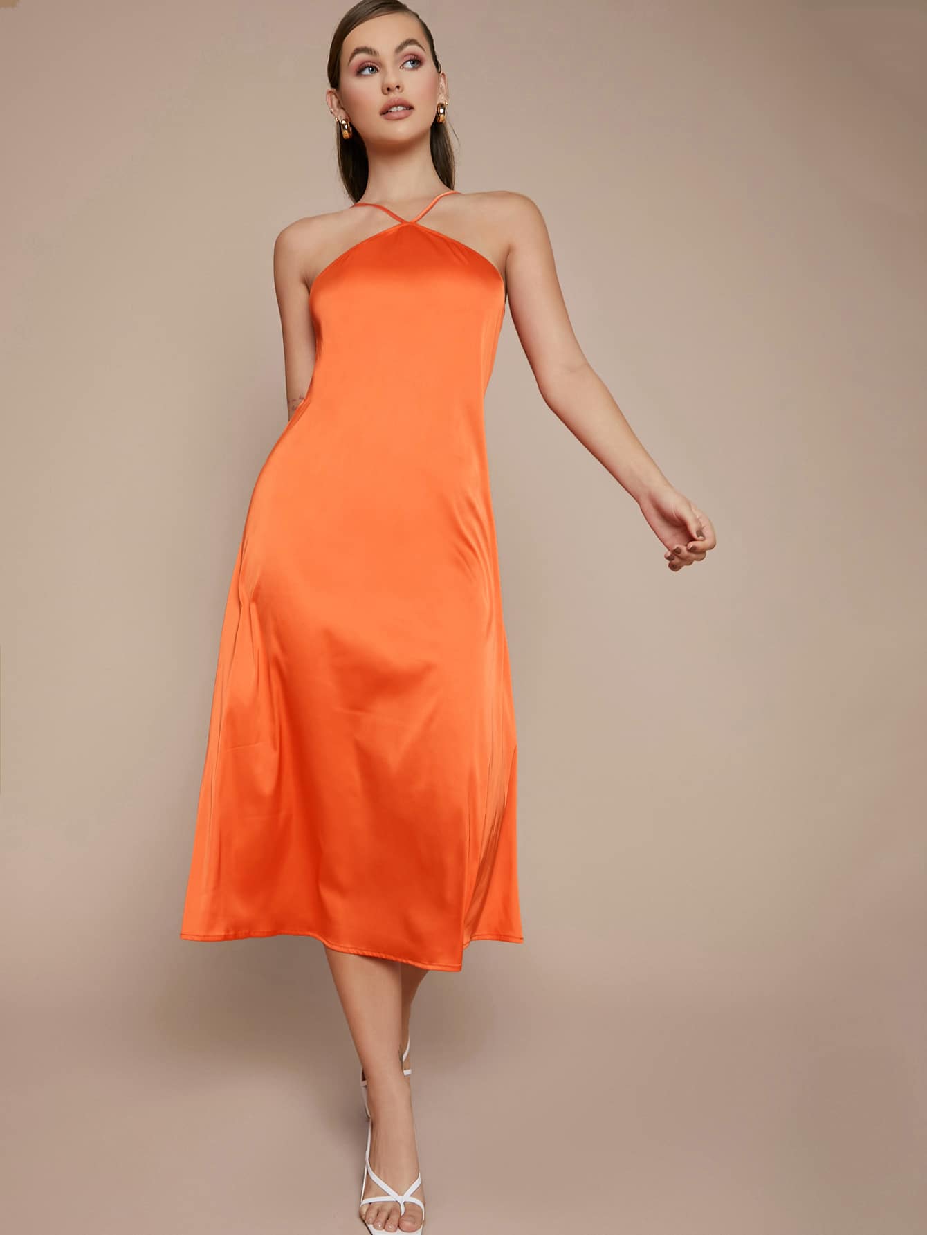 Neon Orange Sleeveless Zipper Back Solid Satin Halter Dress