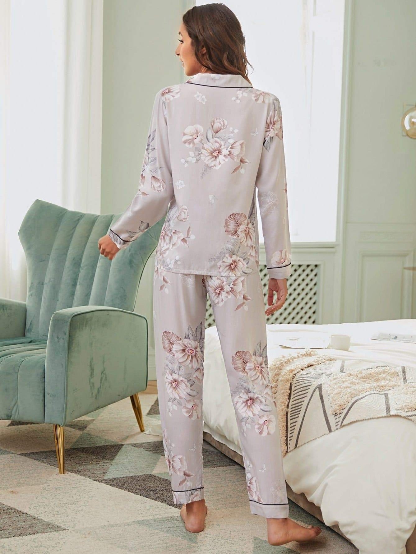 Floral Print Button Front Lapel Collar Pyjama Sleepwear Set