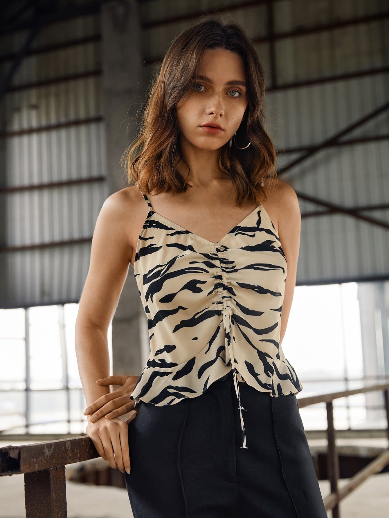 Spaghetti Strap Sleeveless All Over Print Drawstring Cami Top