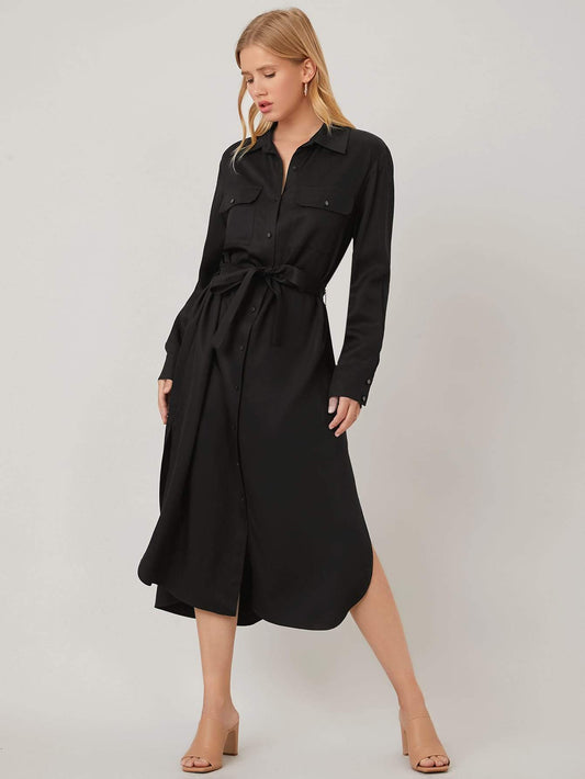 Black 100% Tencel Belted High Waist Shirt Dress