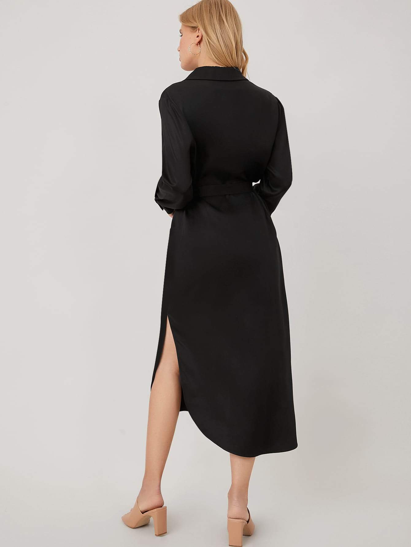 Black 100% Tencel Belted High Waist Shirt Dress