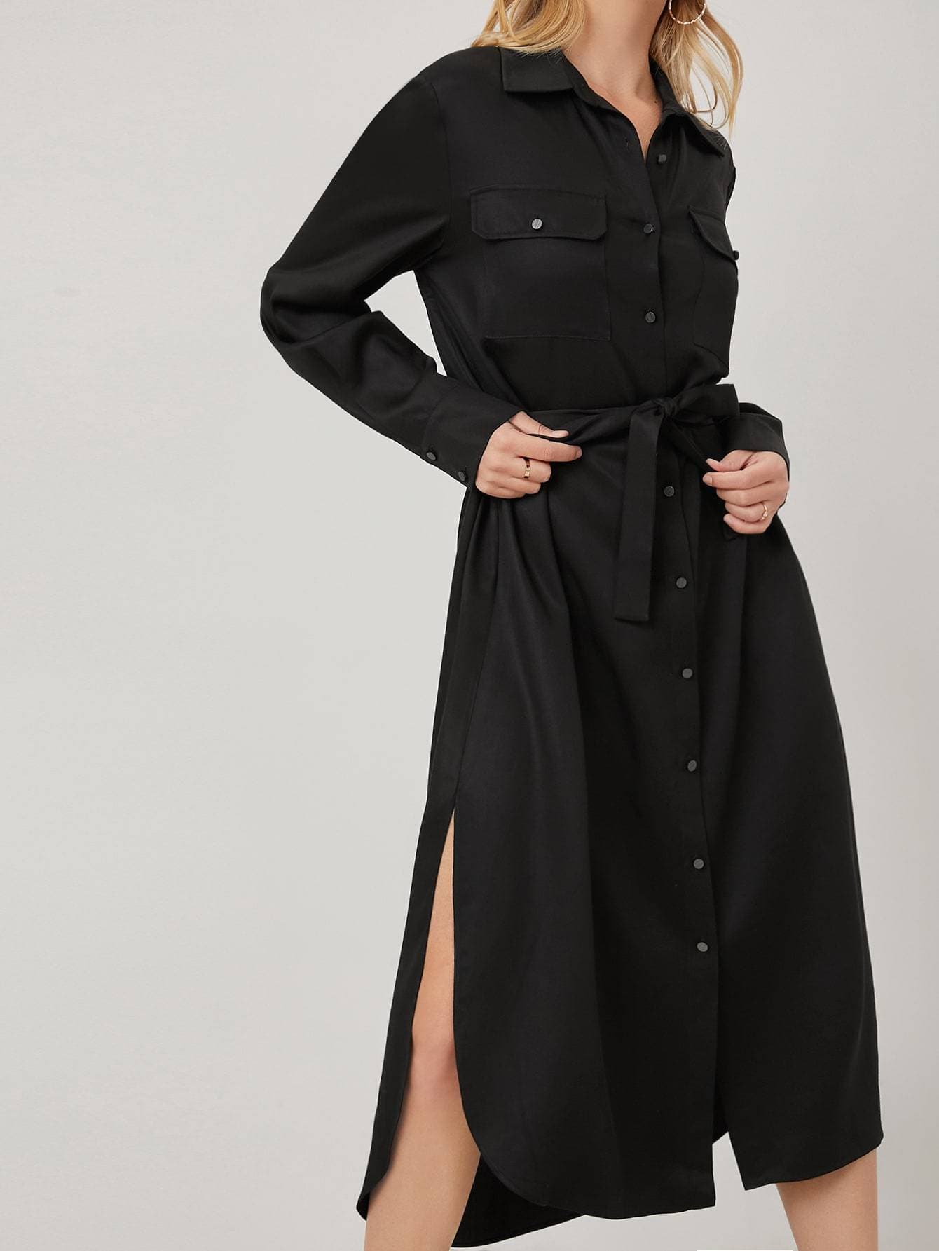 Black 100% Tencel Belted High Waist Shirt Dress