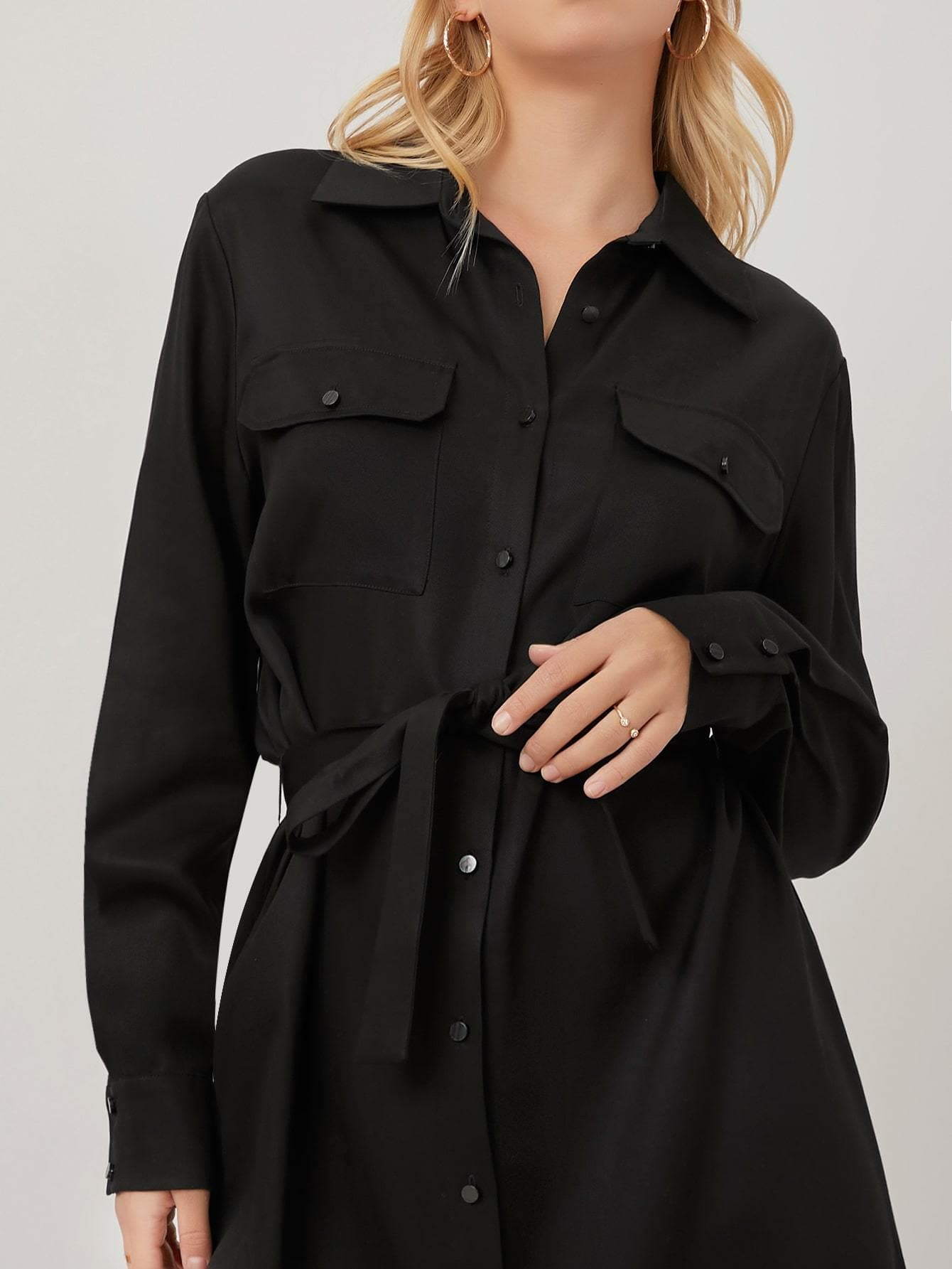Black 100% Tencel Belted High Waist Shirt Dress