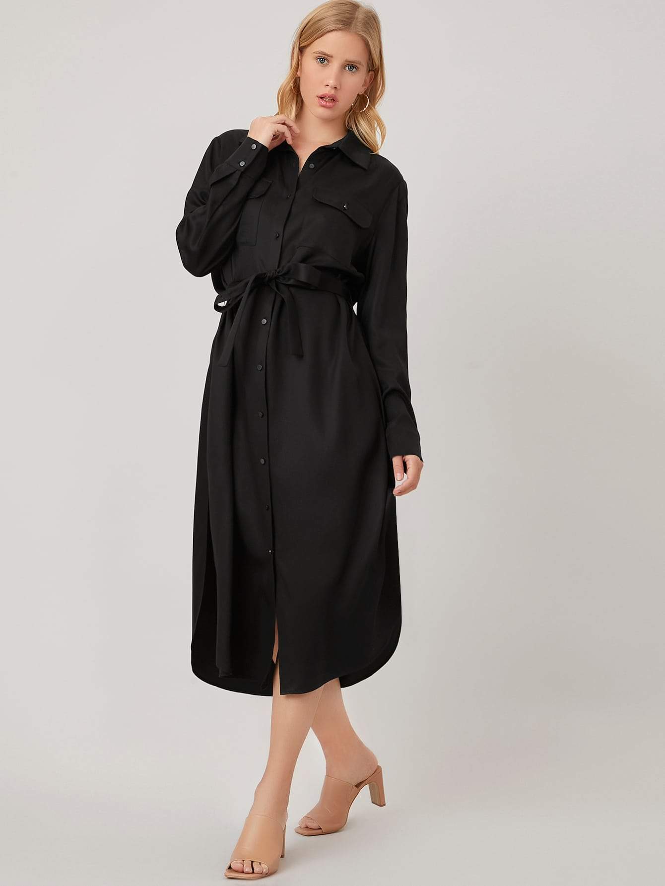 Black 100% Tencel Belted High Waist Shirt Dress