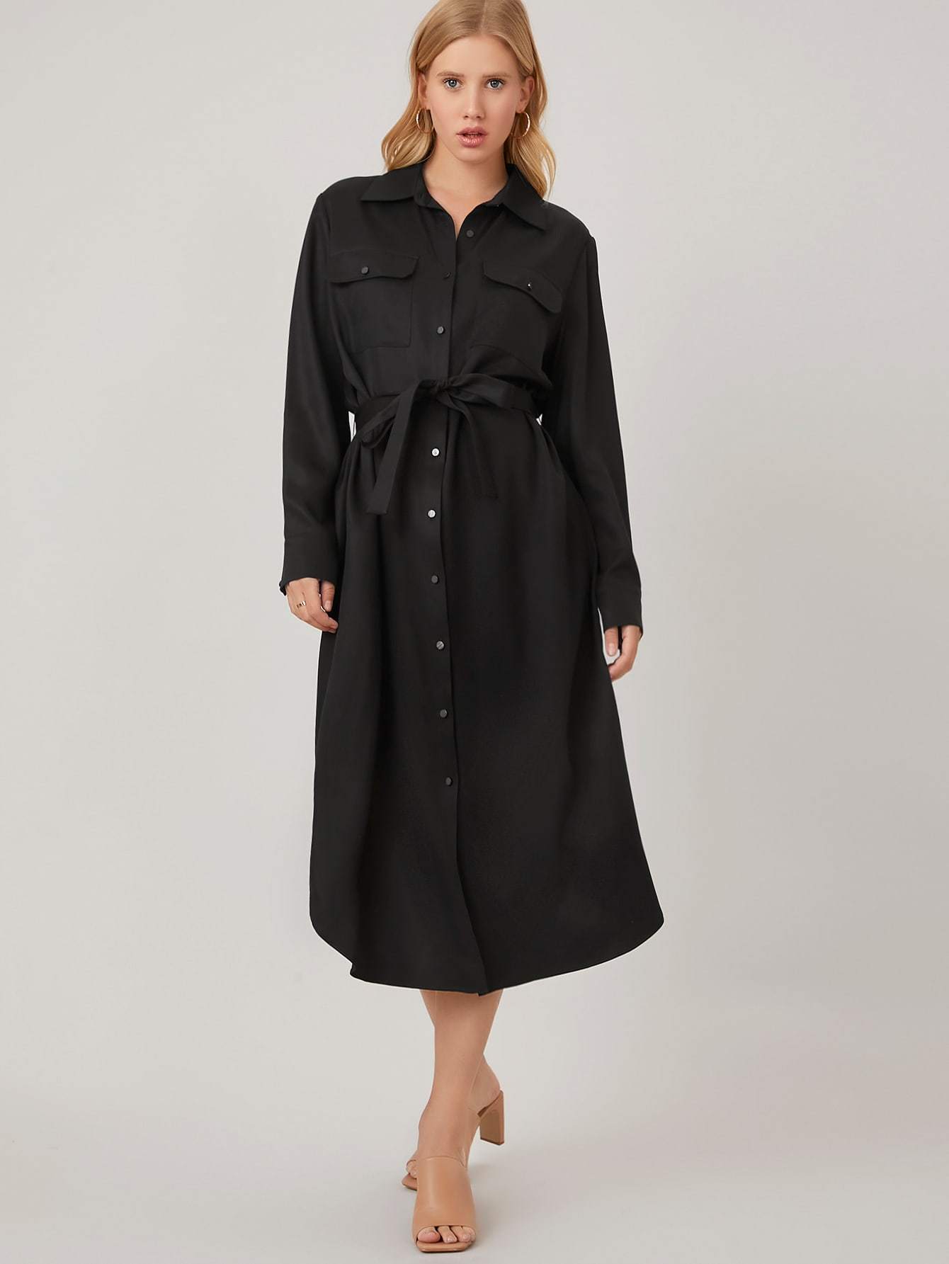 Black 100% Tencel Belted High Waist Shirt Dress