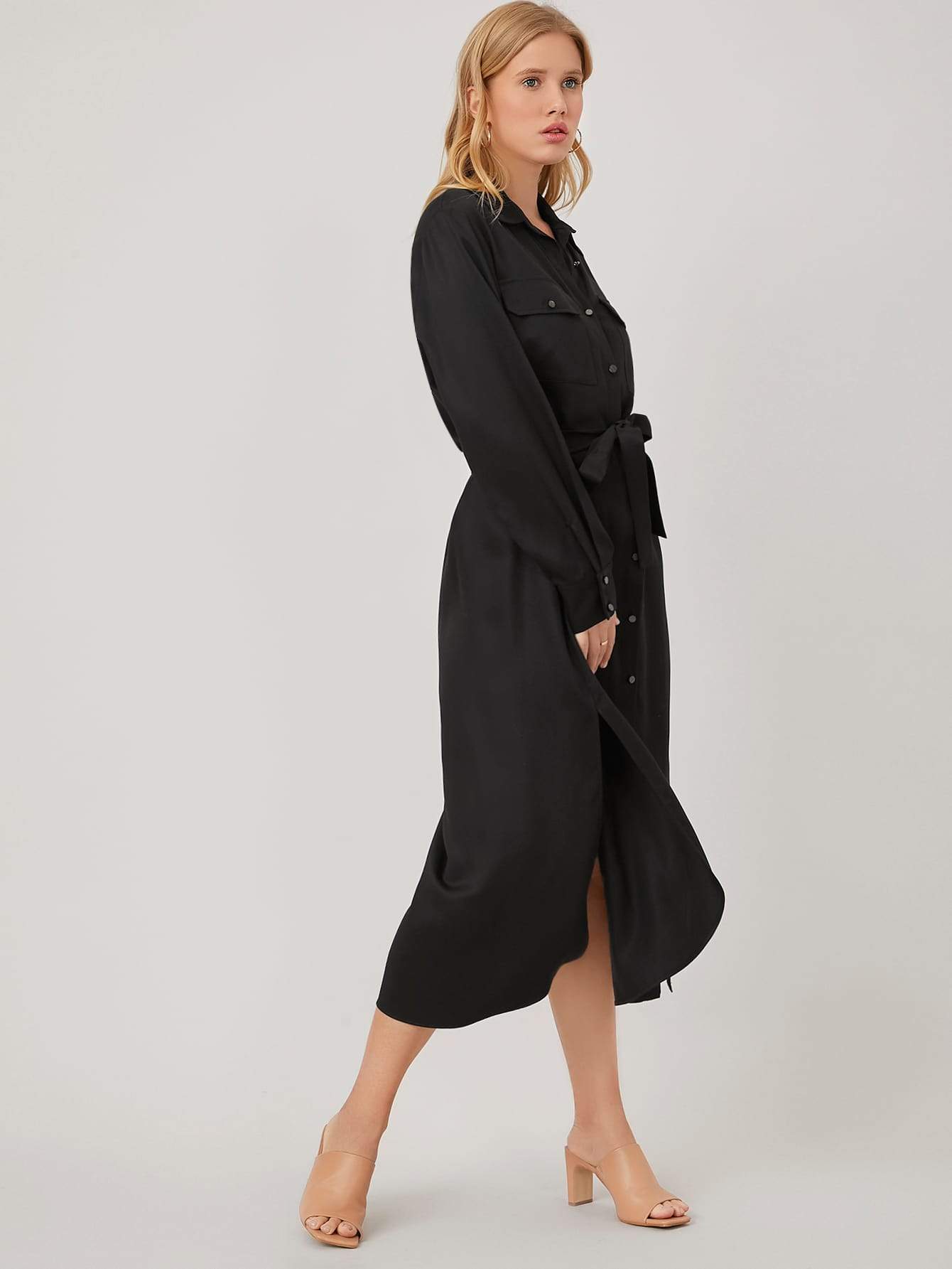 Black 100% Tencel Belted High Waist Shirt Dress