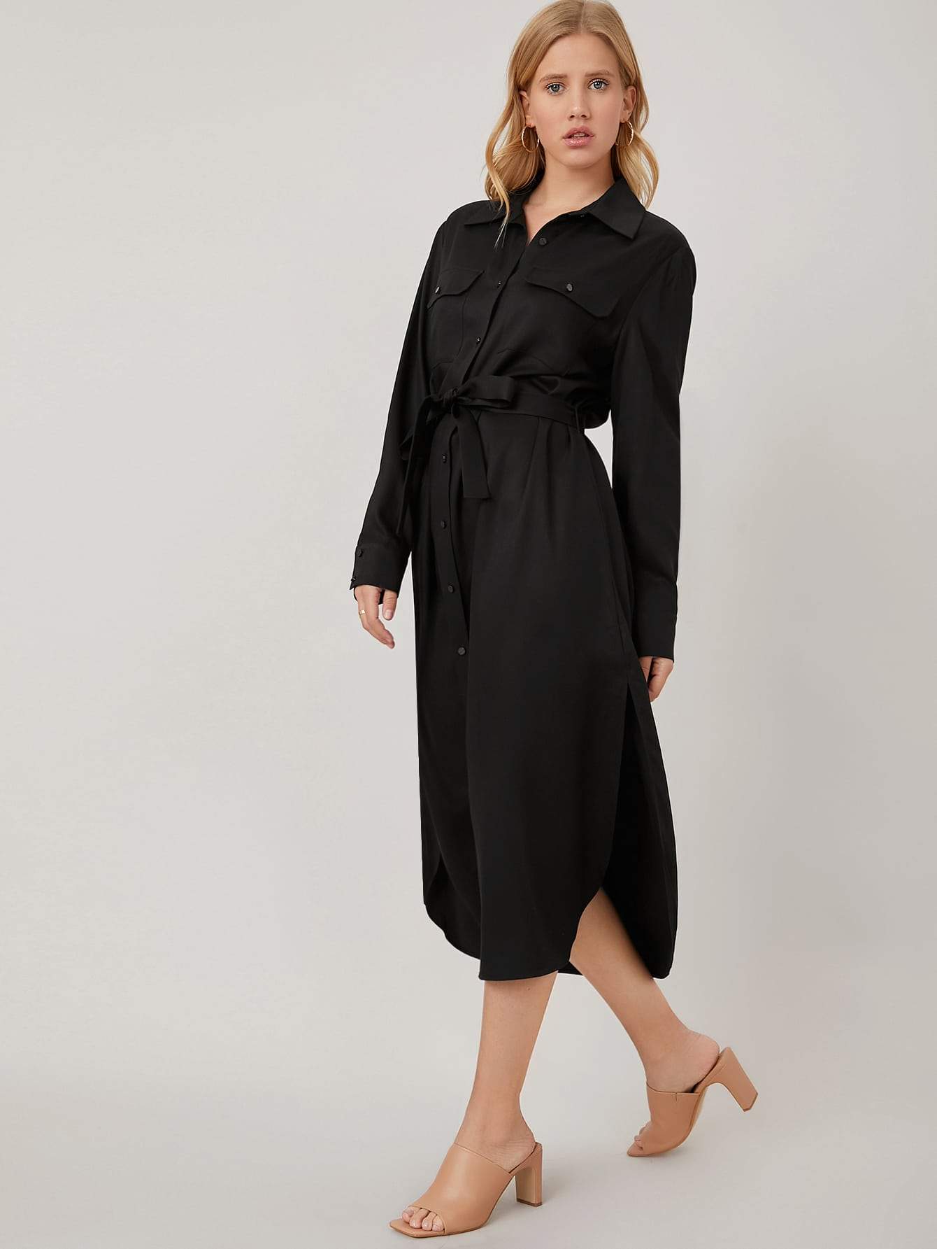 Black 100% Tencel Belted High Waist Shirt Dress