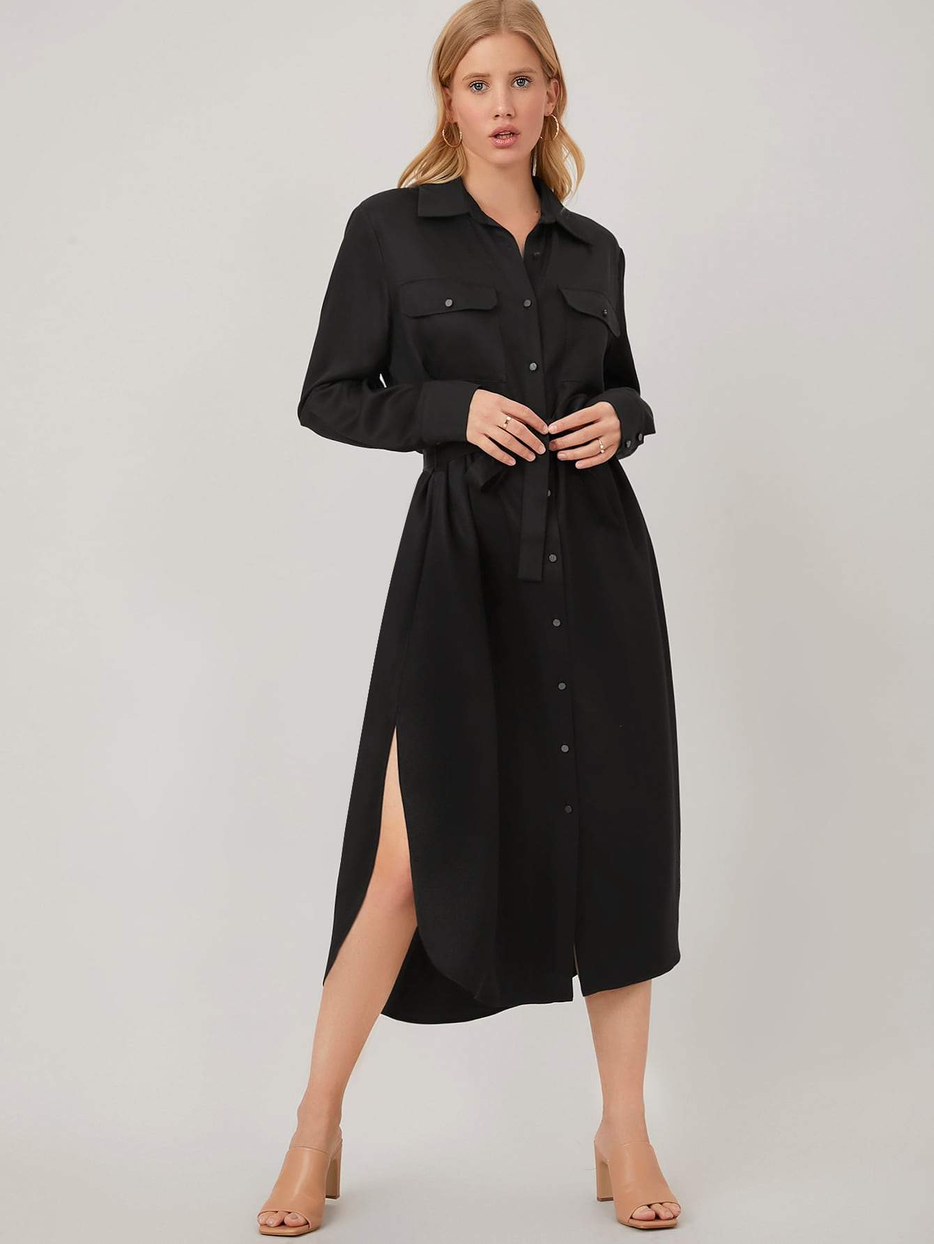 Black 100% Tencel Belted High Waist Shirt Dress